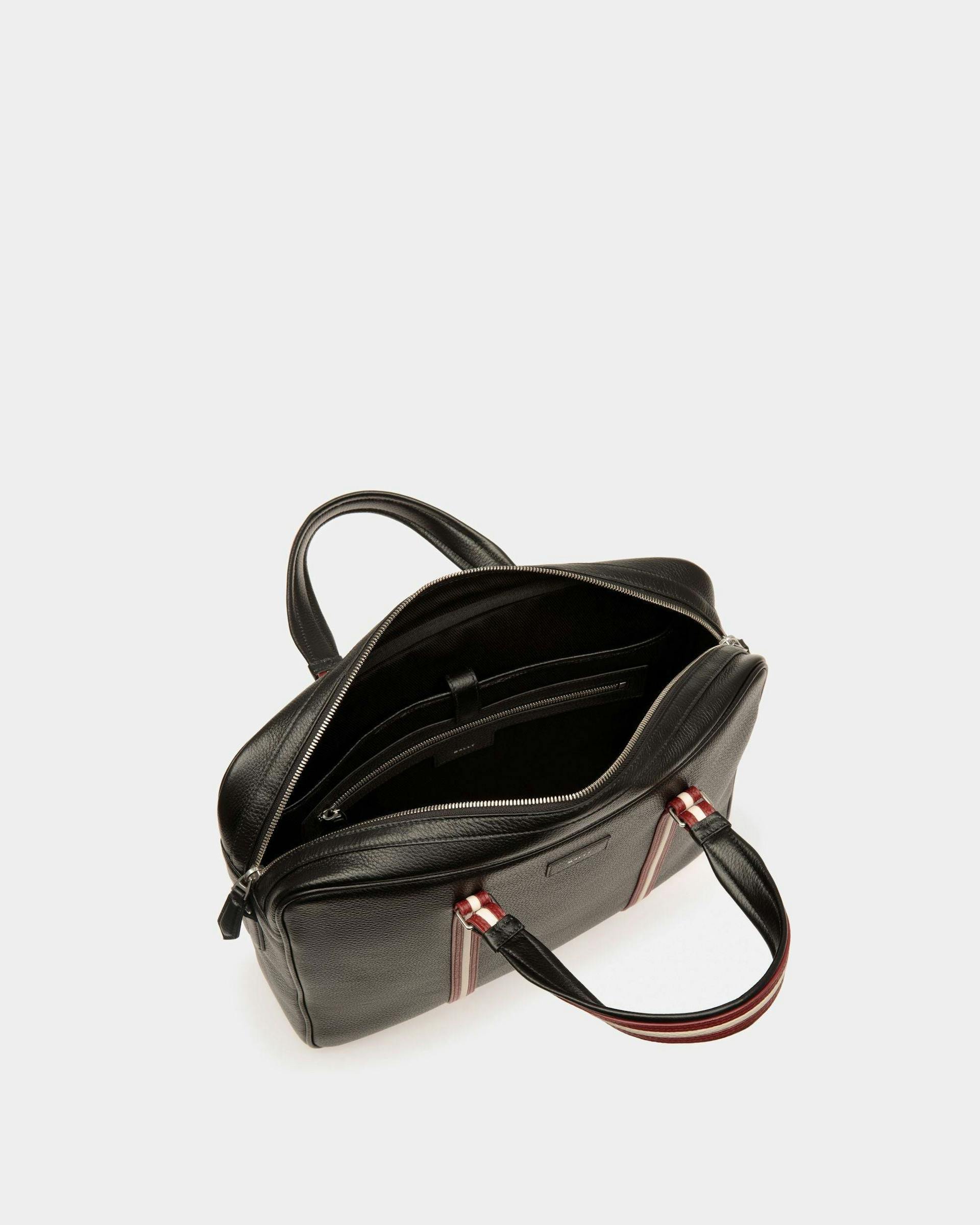 Men's Code Briefcase In Black Grained Leather | Bally | Still Life Open / Inside