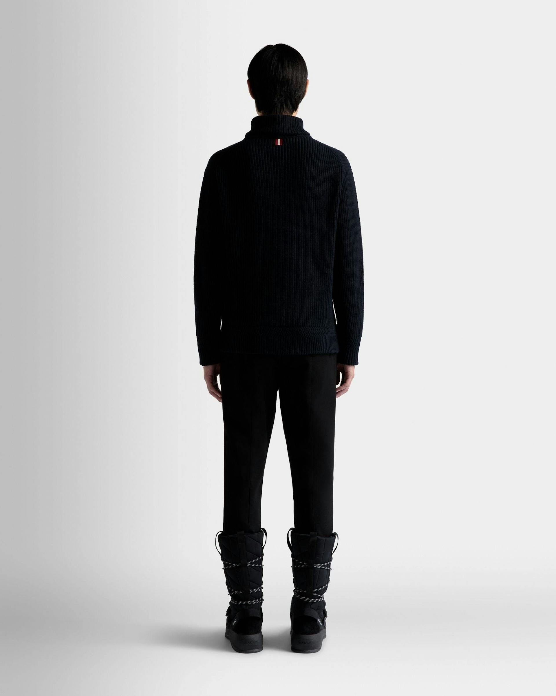 Men's Turtleneck Sweater In Dark Blue Wool | Bally | On Model Back