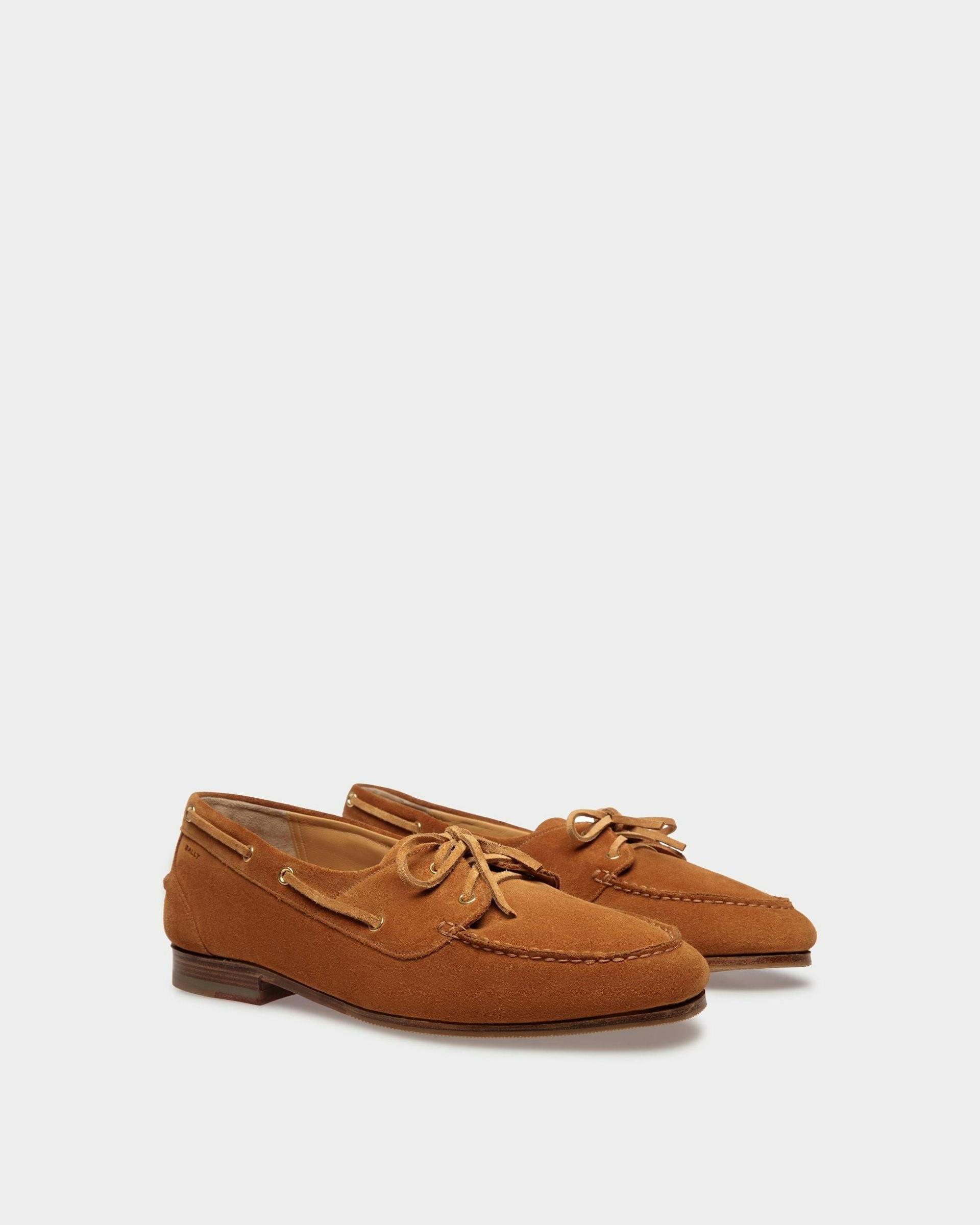 Men's Plume Moccasin in Brown Suede | Bally | Still Life 3/4 Front