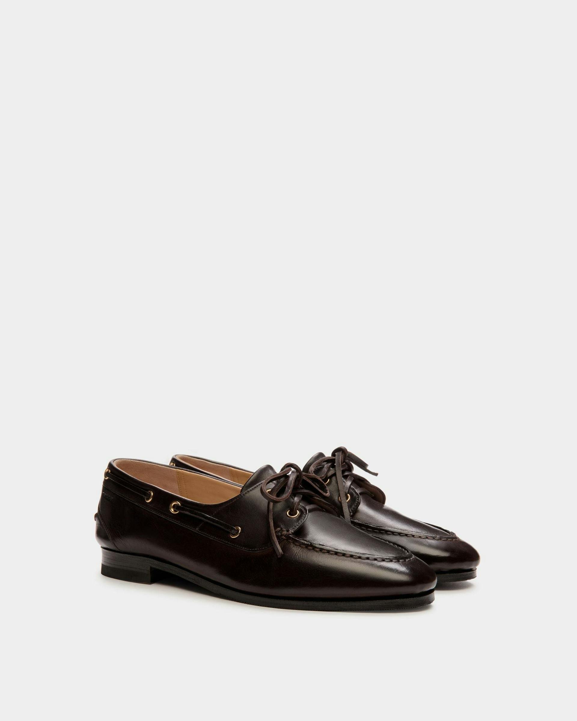 Women's Plume Moccasin in Dark Brown Leather | Bally | Still Life 3/4 Front