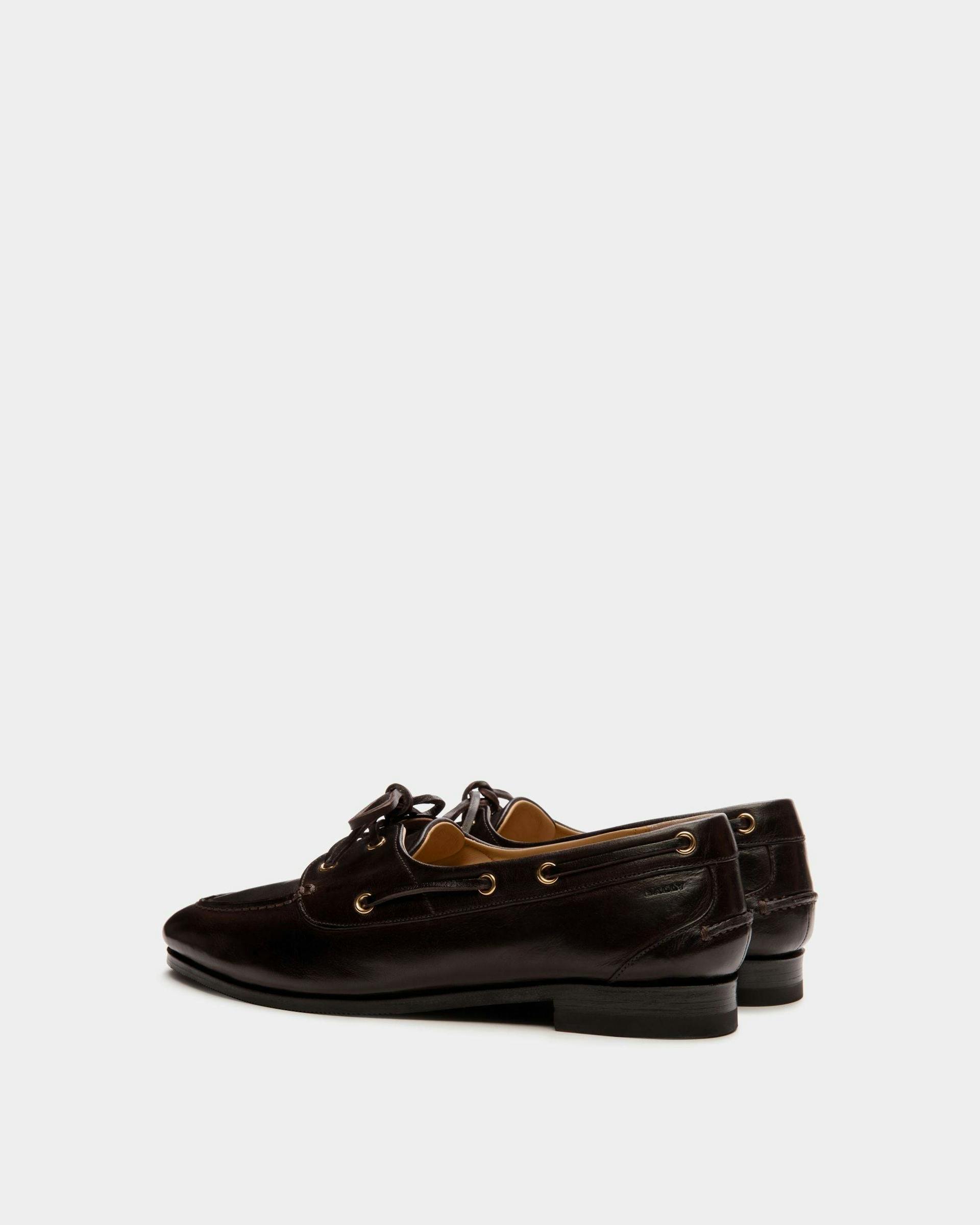 Women's Plume Moccasin in Dark Brown Leather | Bally | Still Life 3/4 Back
