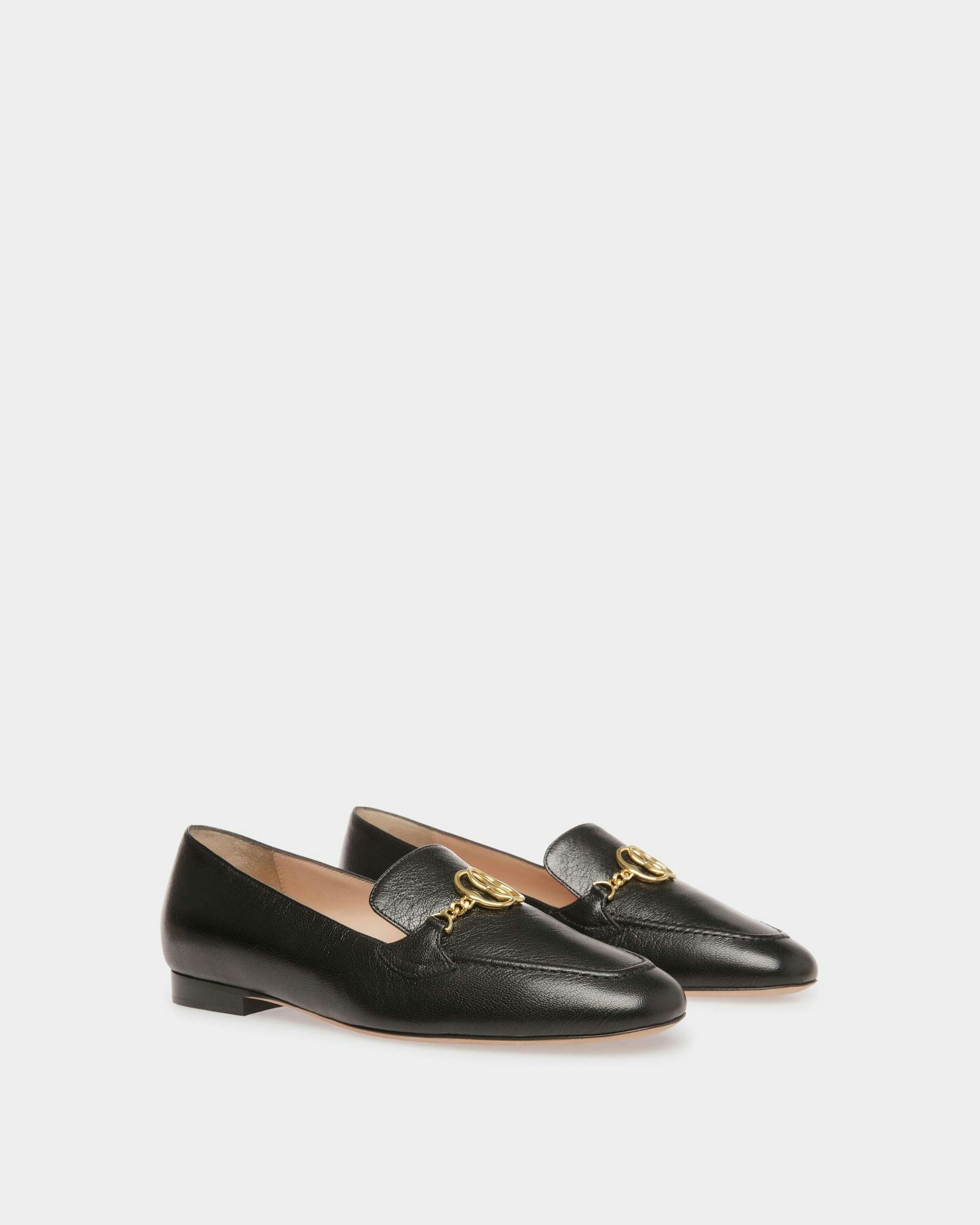 Women's Daily Emblem Loafers In Black Leather | Bally | Still Life 3/4 Front