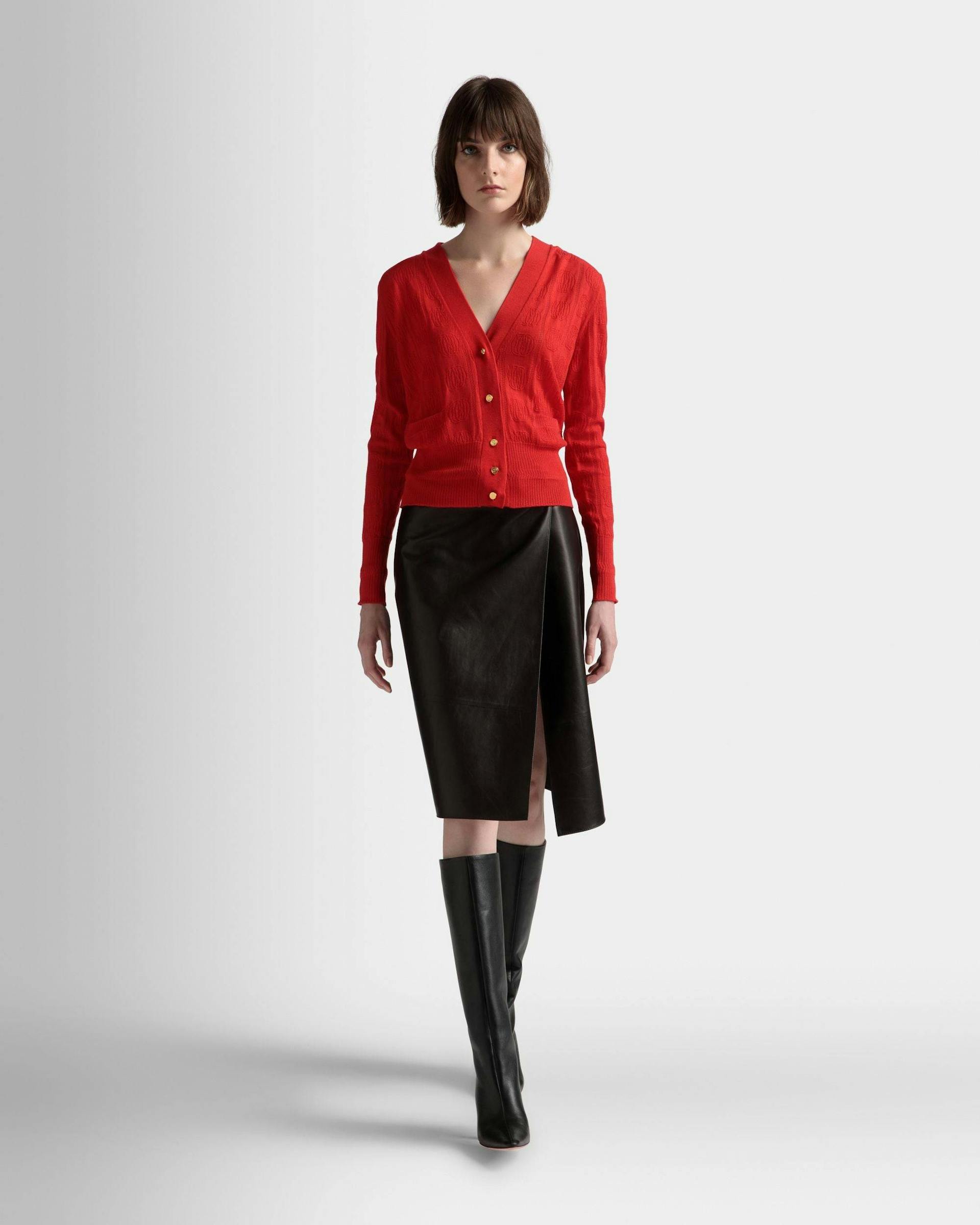 Women's Knit Detail Cardigan In Deep Ruby Wool | Bally | On Model Front