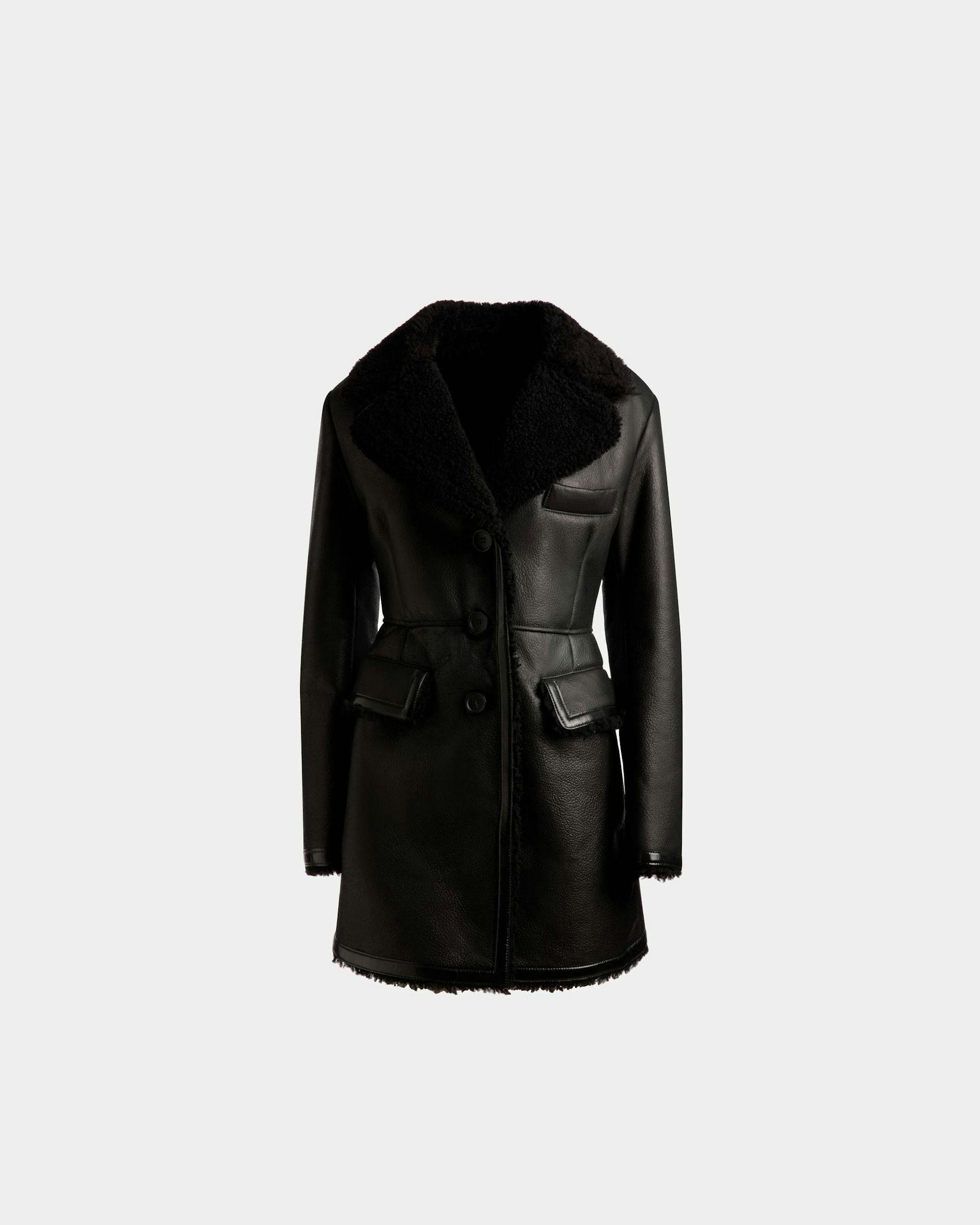 Women's Wool-lined Coat In Black Leather | Bally | Still Life Front