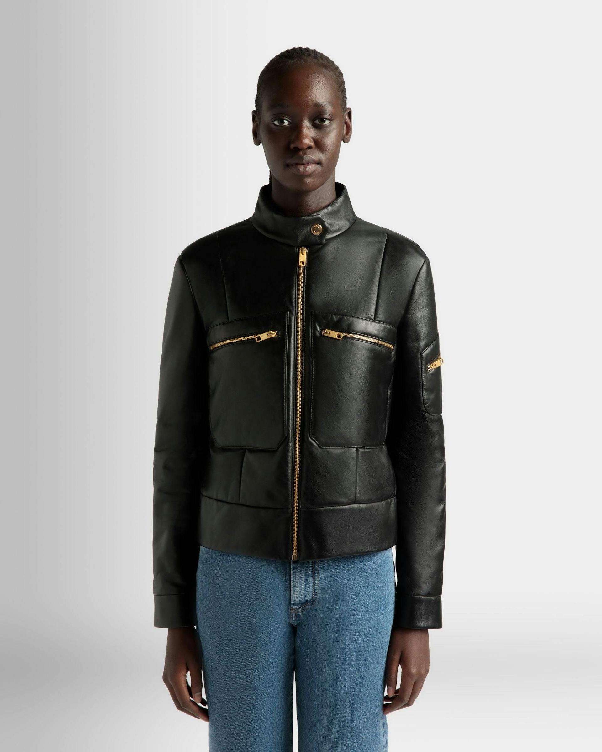 Women's Jacket In Black Leather | Bally | On Model Close Up