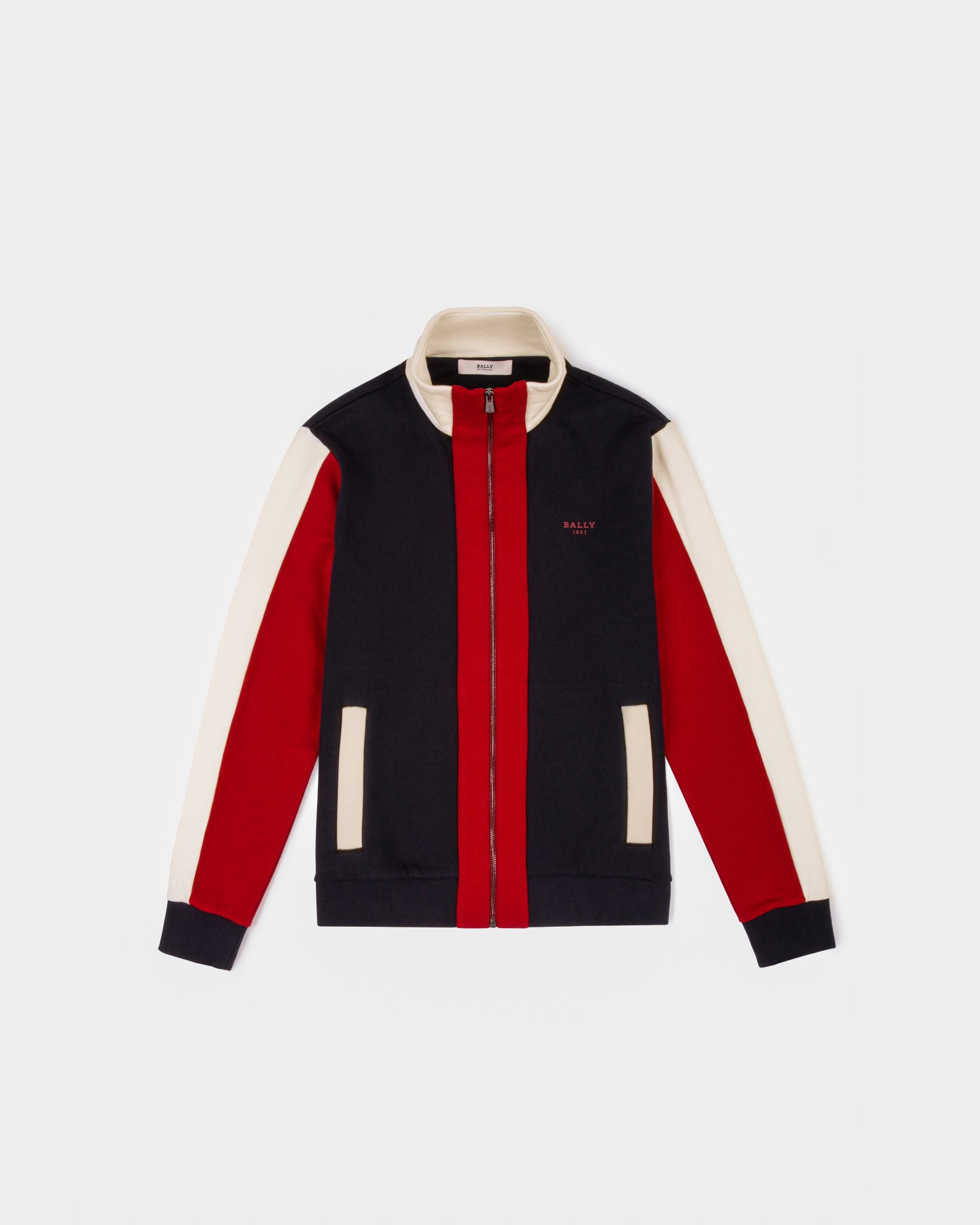 Felpa Con Zip In Cotone Colore Blu Navy E Rosso Bally - Uomo - Bally - 01
