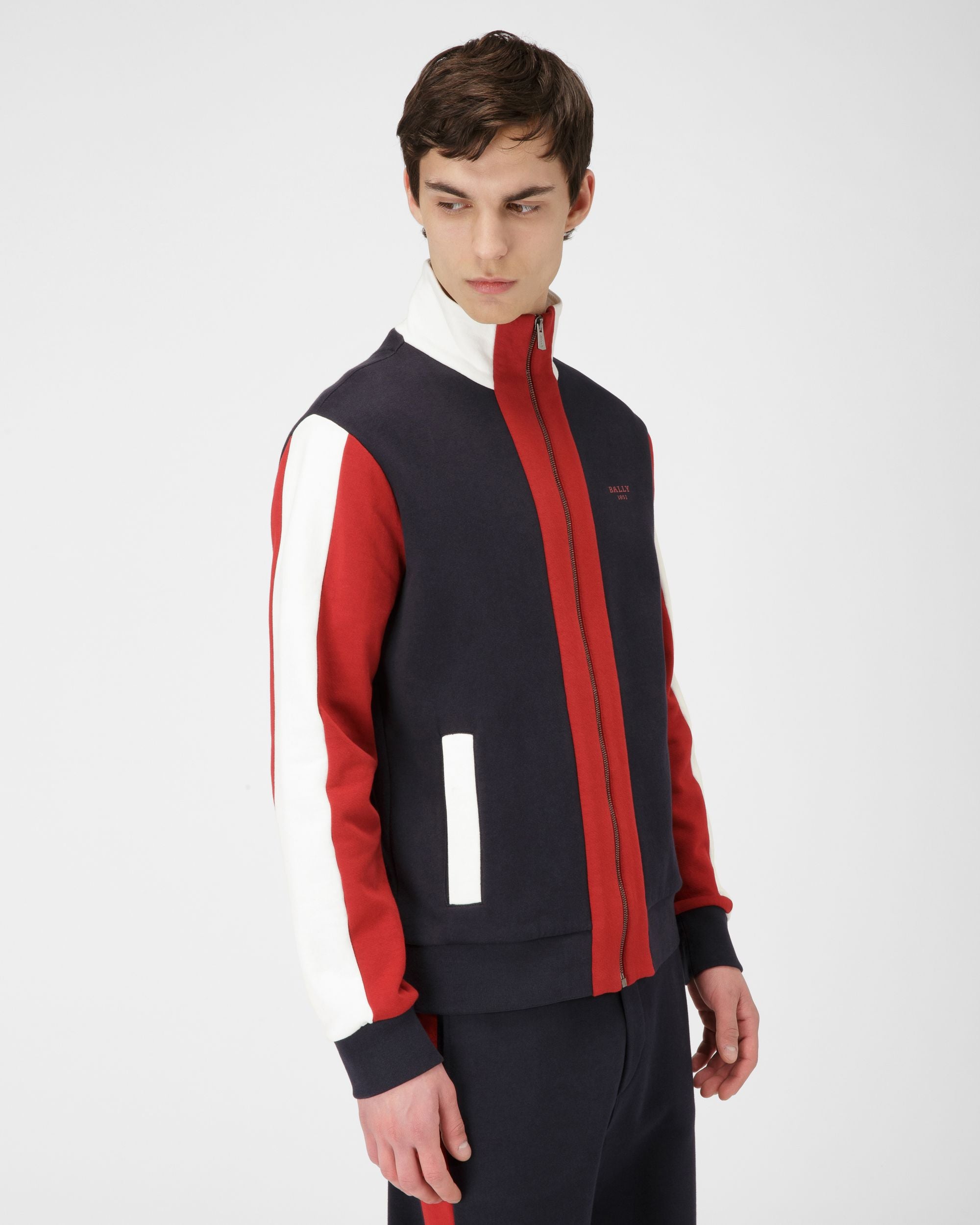Felpa Con Zip In Cotone Colore Blu Navy E Rosso Bally - Uomo - Bally - 02