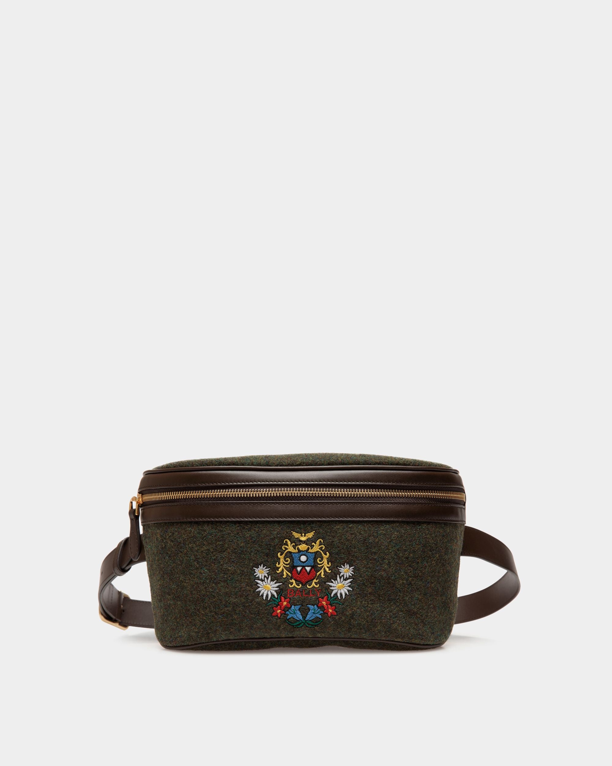 Marsupio Winter Capsule In Lana Verde Scuro E Pelle Color Ebano Con Ricamo Alpine Flowers - Uomo - Bally - 01