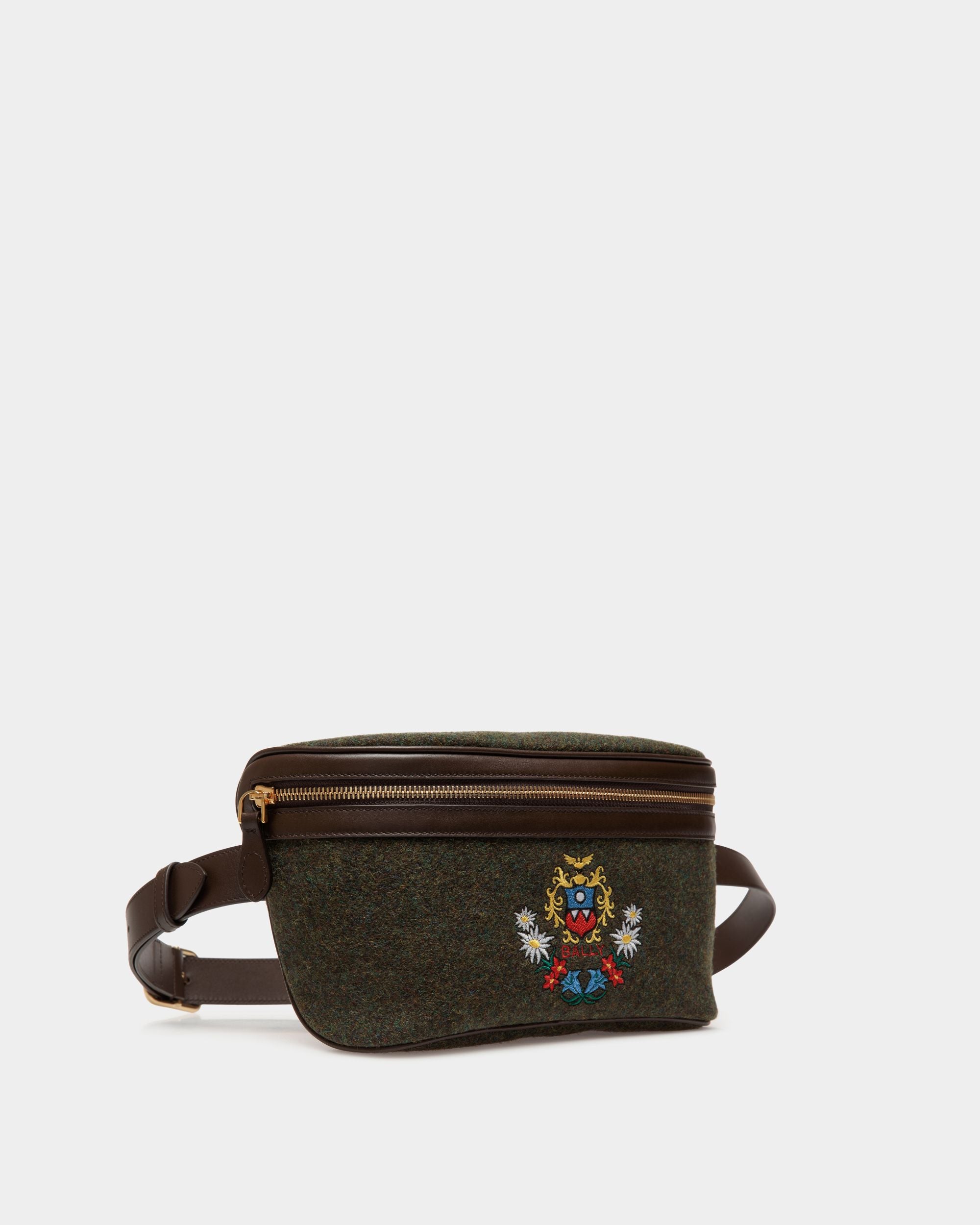 Marsupio Winter Capsule In Lana Verde Scuro E Pelle Color Ebano Con Ricamo Alpine Flowers - Uomo - Bally - 03