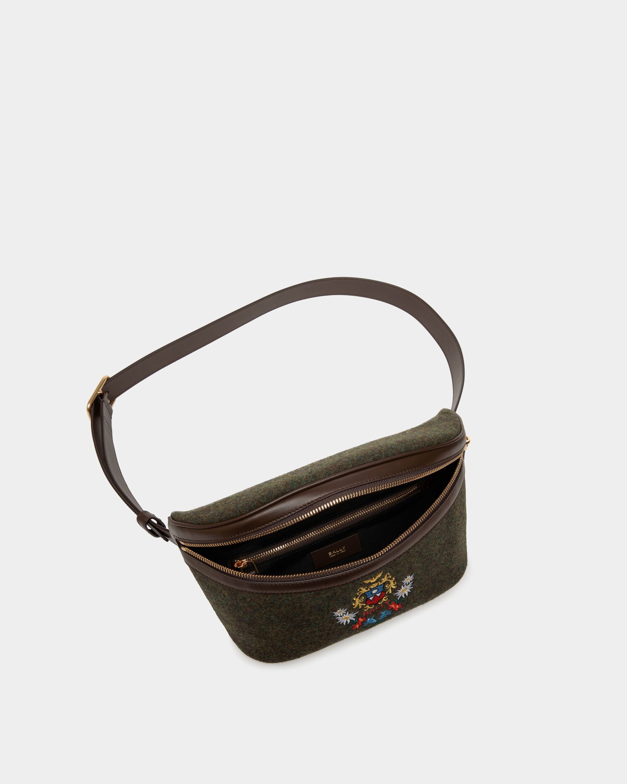 Marsupio Winter Capsule In Lana Verde Scuro E Pelle Color Ebano Con Ricamo Alpine Flowers - Uomo - Bally - 04