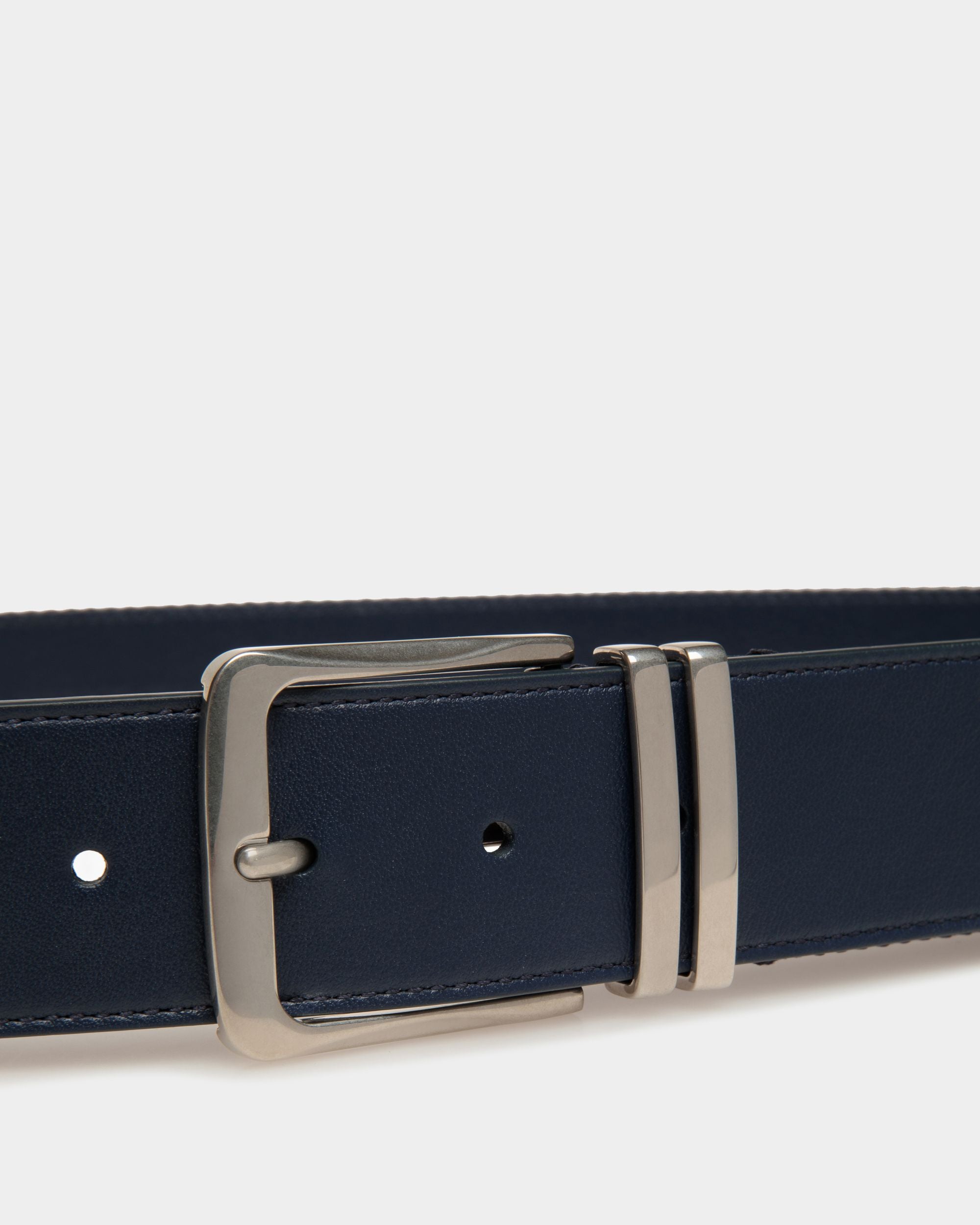 Cintura Casual Fissa Da 40 Mm In Tessuto E Pelle Blu Marino - Uomo - Bally - 03
