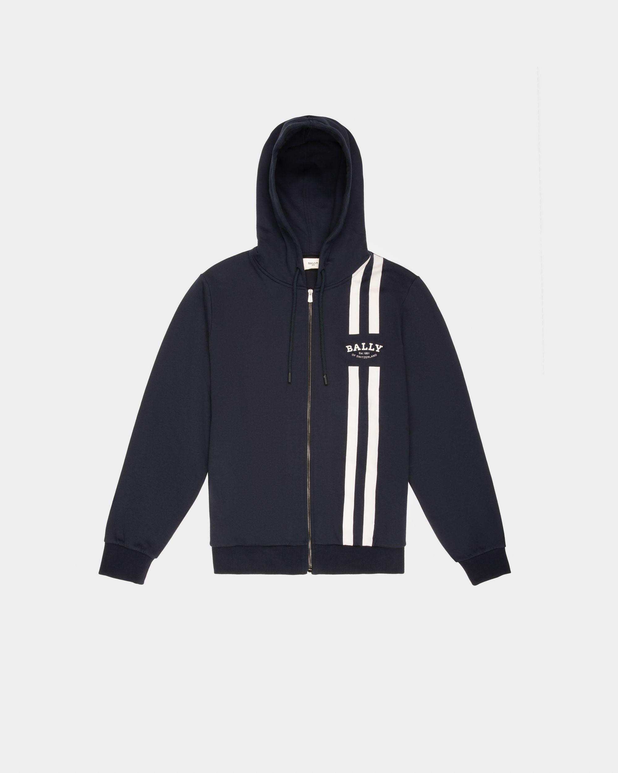 Felpa Con Cappuccio E Bally Stripe In Cotone Blu Navy - Uomo - Bally - 01