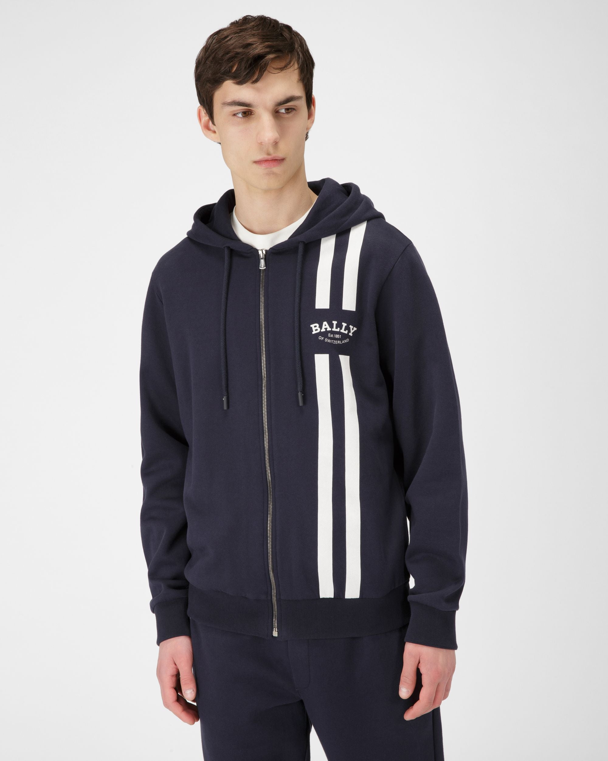 Felpa Con Cappuccio E Bally Stripe In Cotone Blu Navy - Uomo - Bally - 02