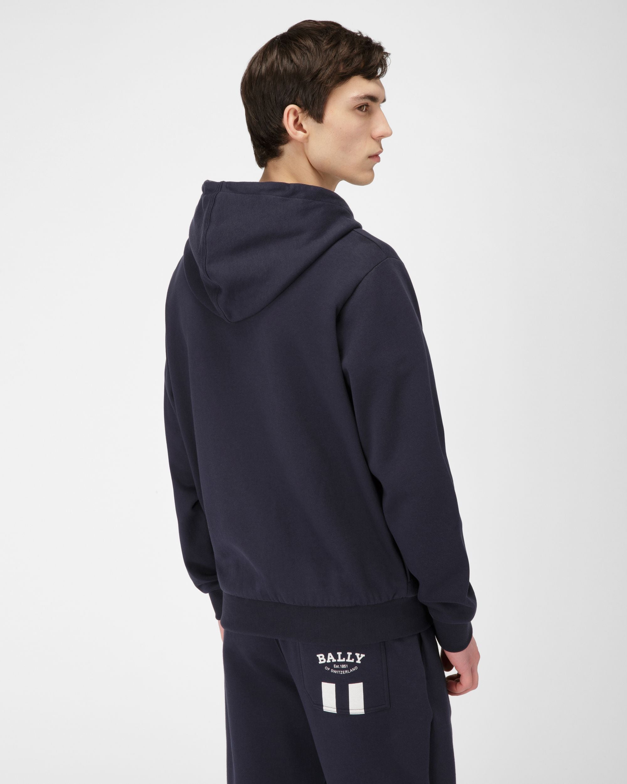 Felpa Con Cappuccio E Bally Stripe In Cotone Blu Navy - Uomo - Bally - 03