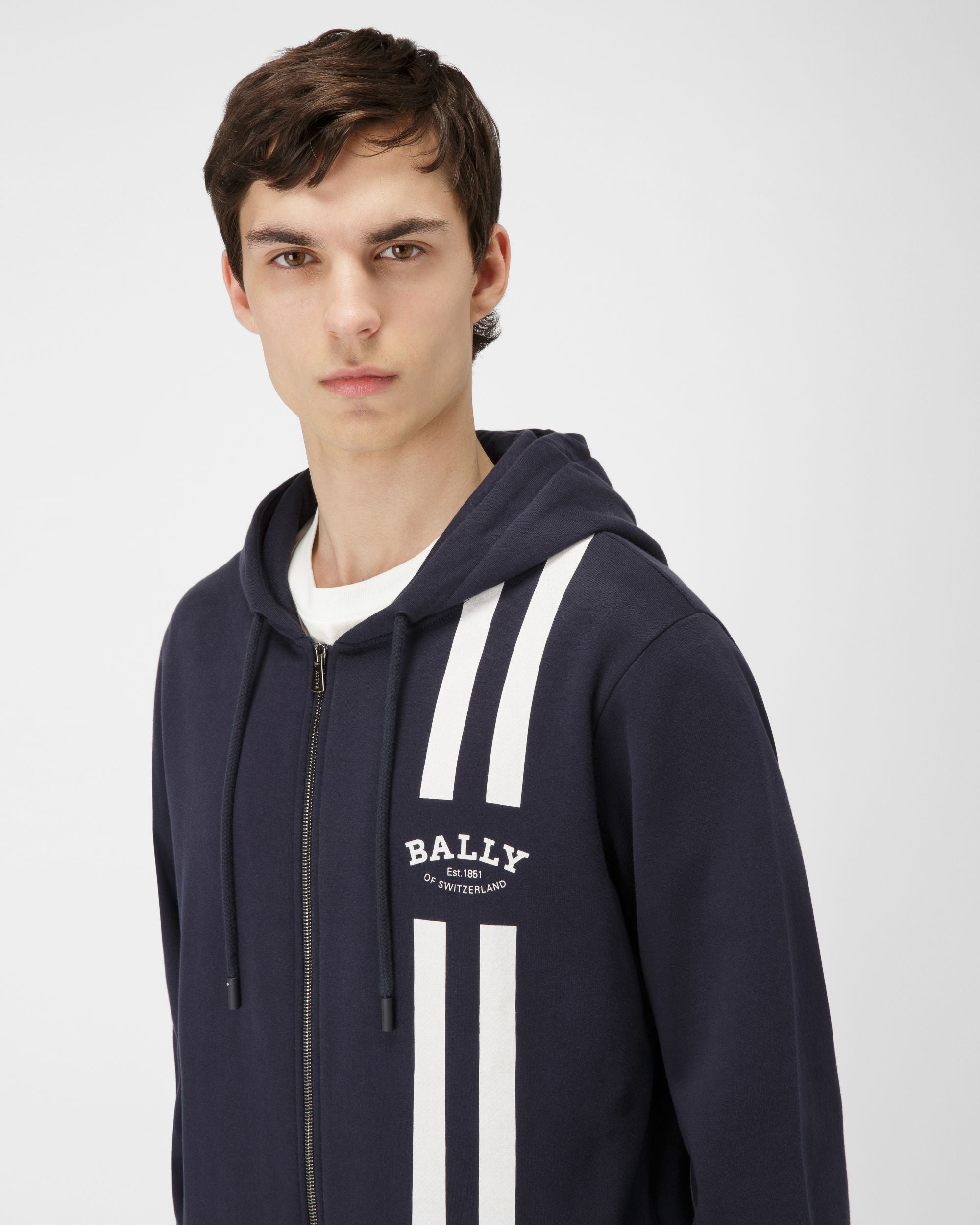 Felpa Con Cappuccio E Bally Stripe In Cotone Blu Navy - Uomo - Bally - 04