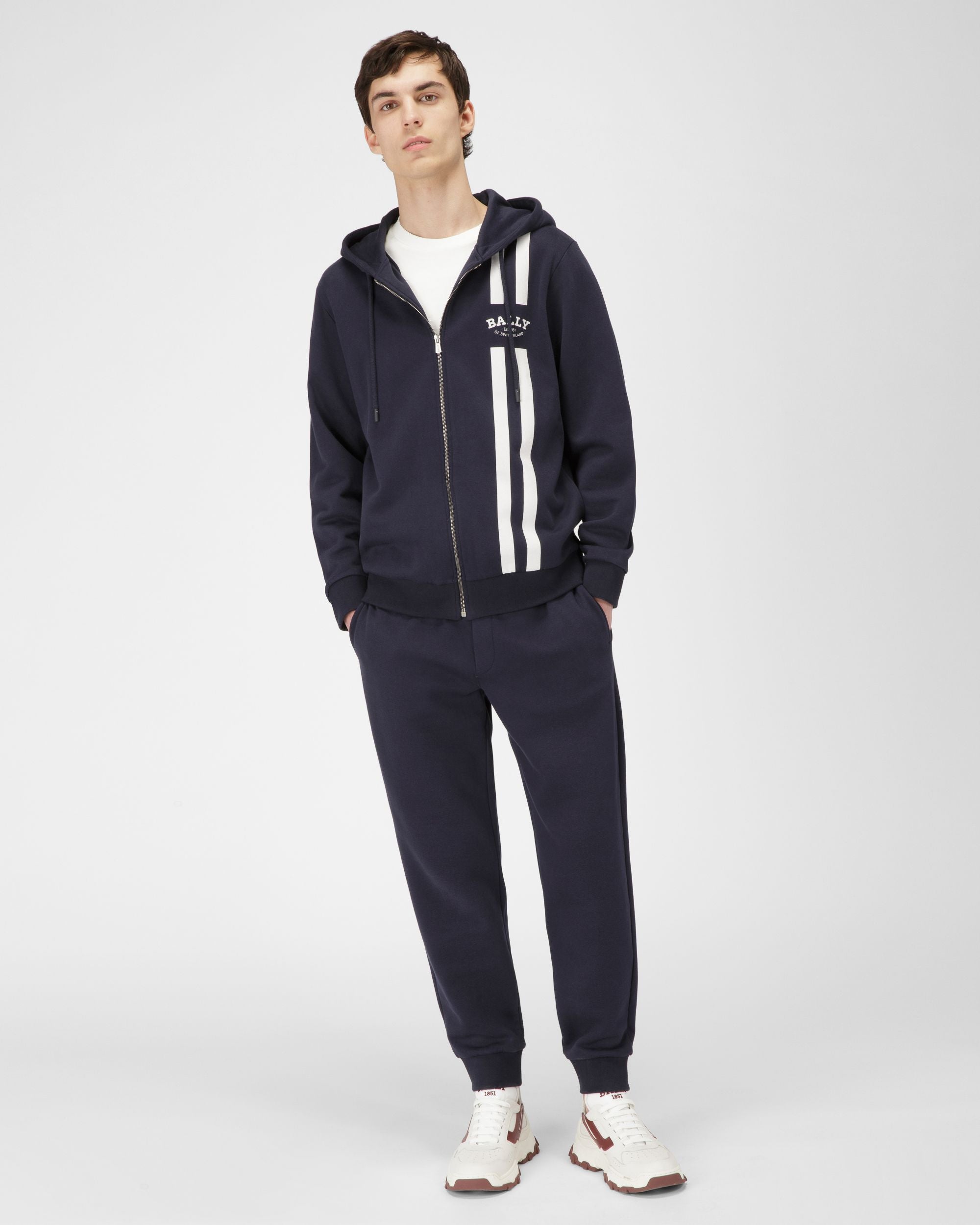 Felpa Con Cappuccio E Bally Stripe In Cotone Blu Navy - Uomo - Bally - 05