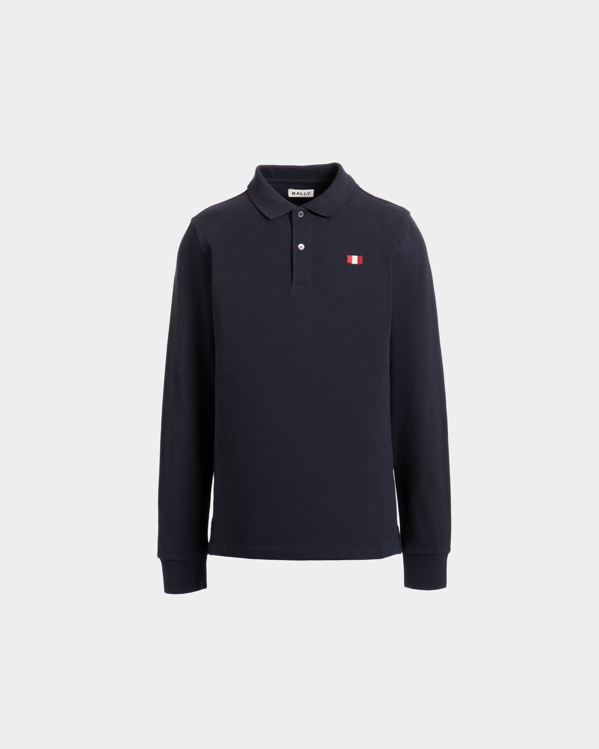 Polo A Maniche Lunghe In Cotone Navy Blue Con Elemento Bally Flag - Uomo - Bally - 01