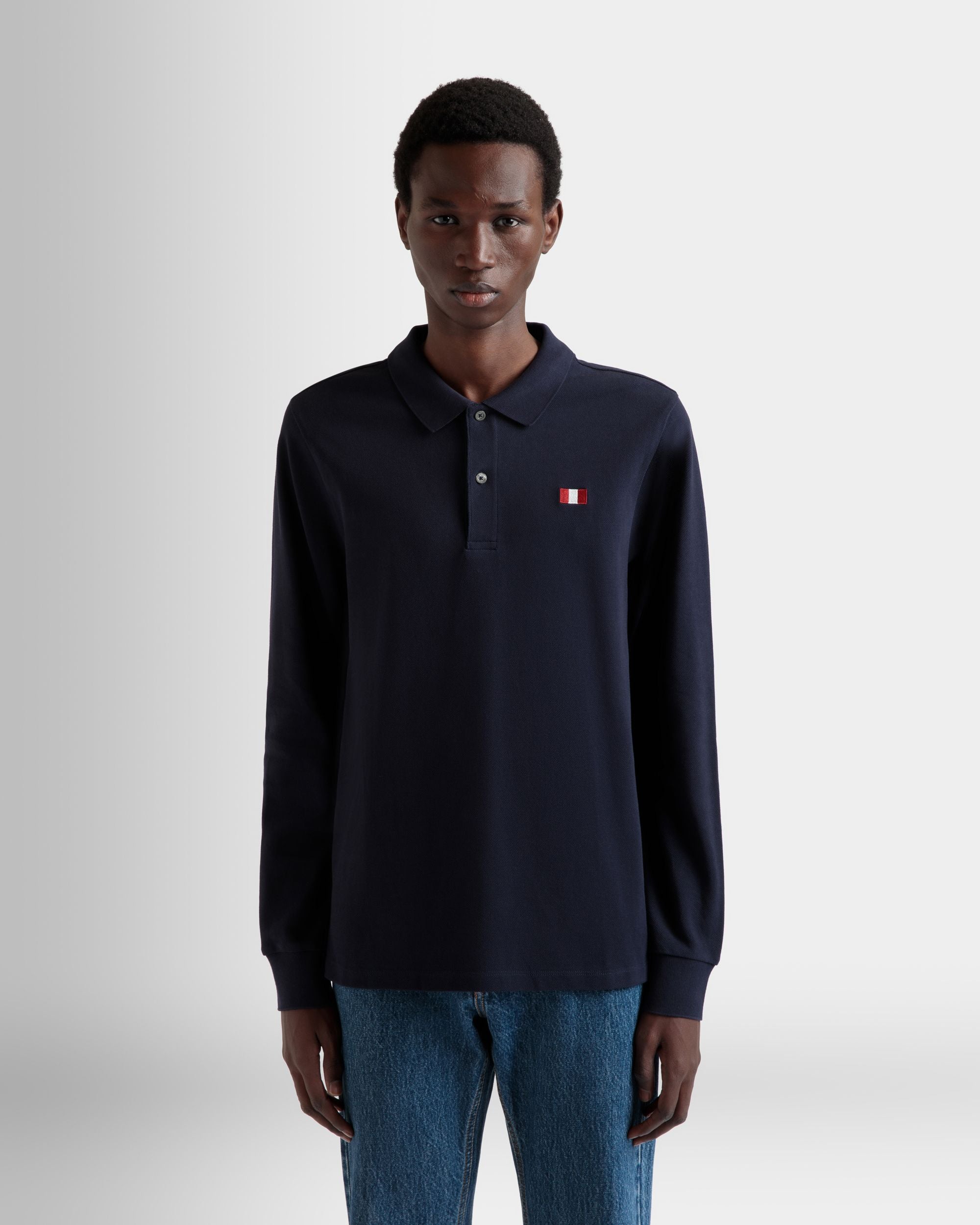 Polo A Maniche Lunghe In Cotone Navy Blue Con Elemento Bally Flag - Uomo - Bally - 08