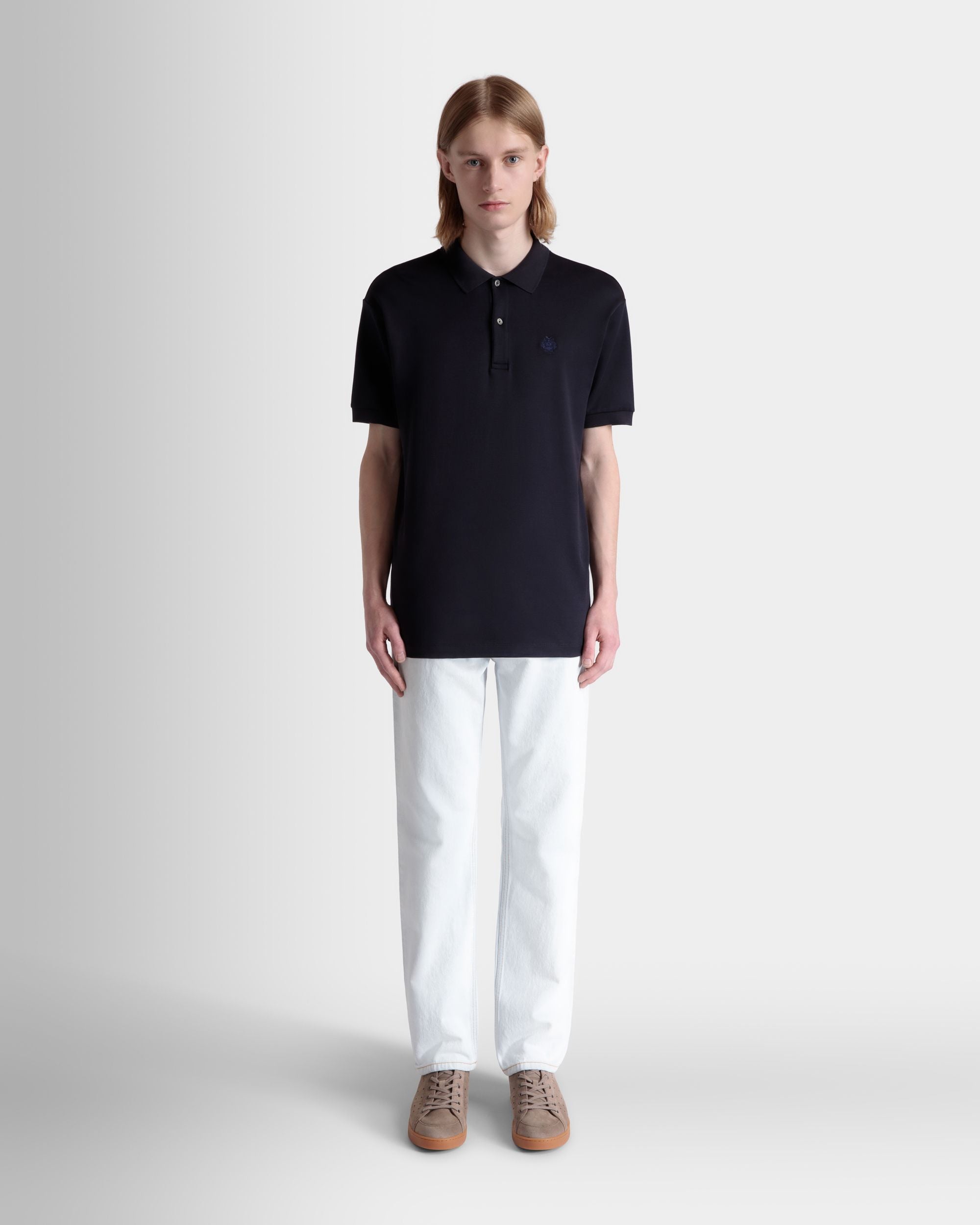 Polo A Maniche Corte In Misto Cotone E Seta Navy Blue Con Logo Bally Crest - Uomo - Bally - 02