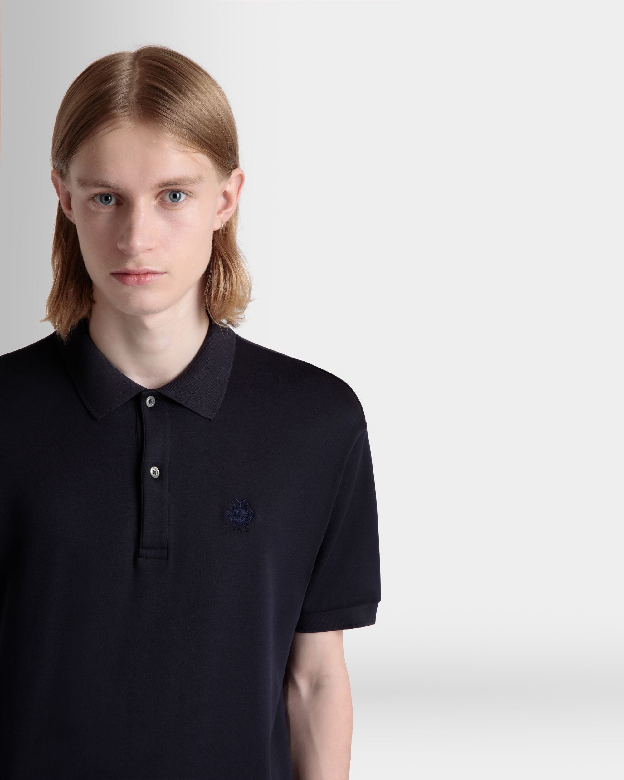 Polo A Maniche Corte In Misto Cotone E Seta Navy Blue Con Logo Bally Crest - Uomo - Bally - 03