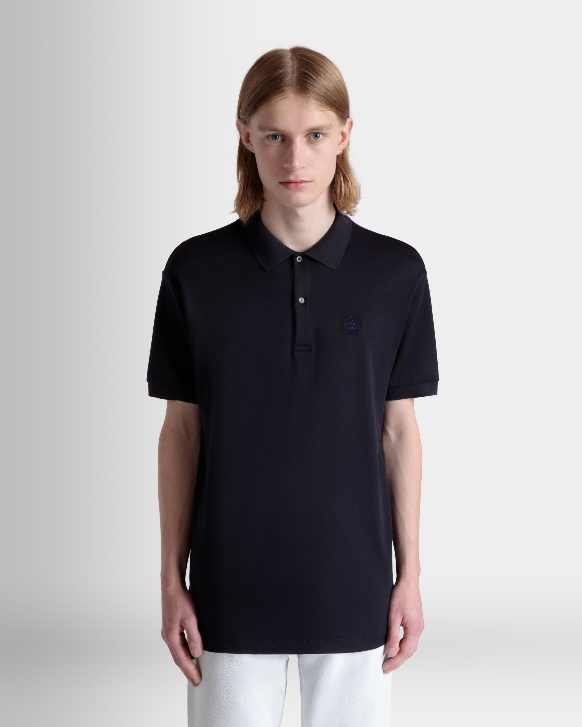 Polo A Maniche Corte In Misto Cotone E Seta Navy Blue Con Logo Bally Crest - Uomo - Bally - 09