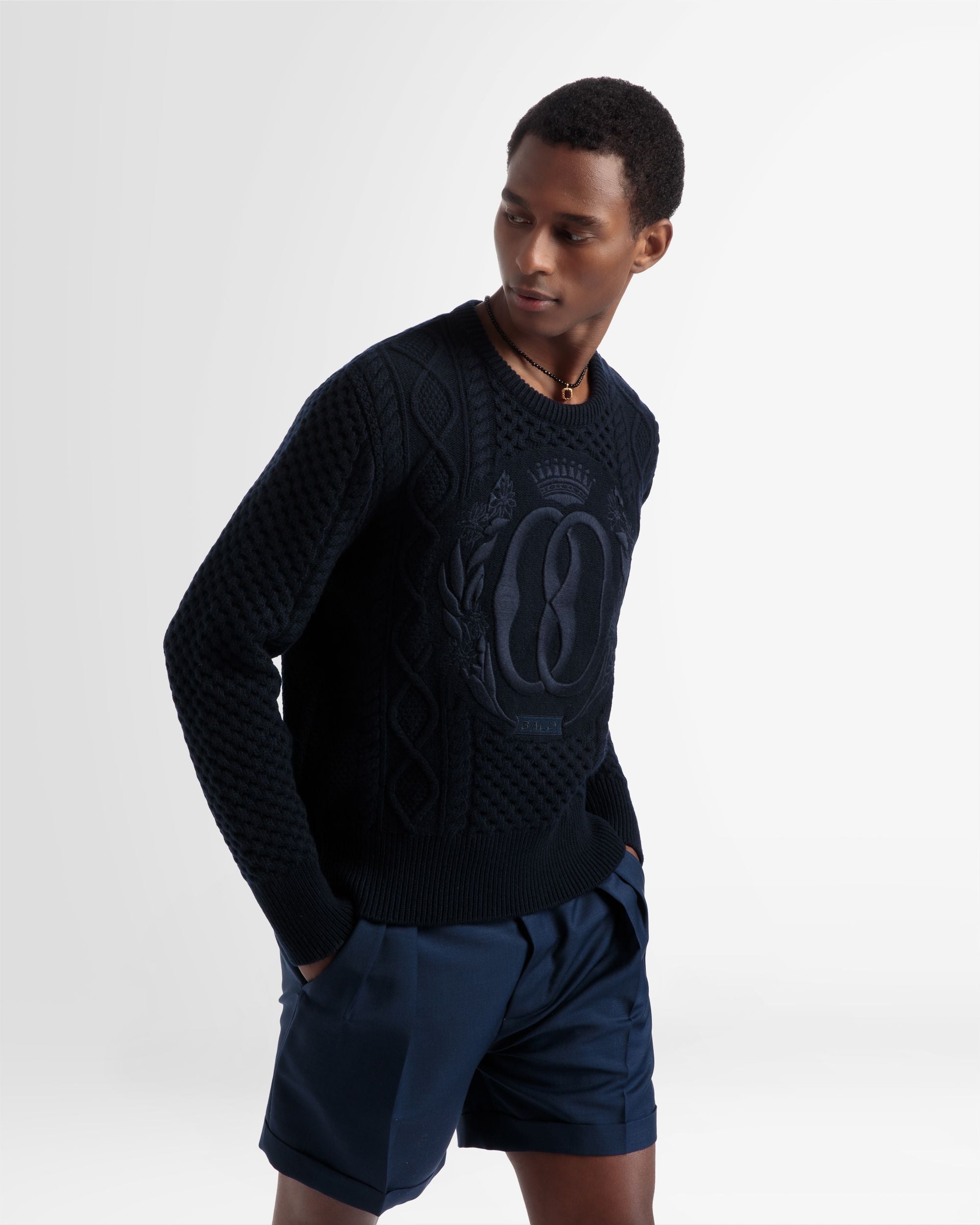 Maglione Girocollo Lavorato A Maglia In Lana Blu Navy - Uomo - Bally - 03