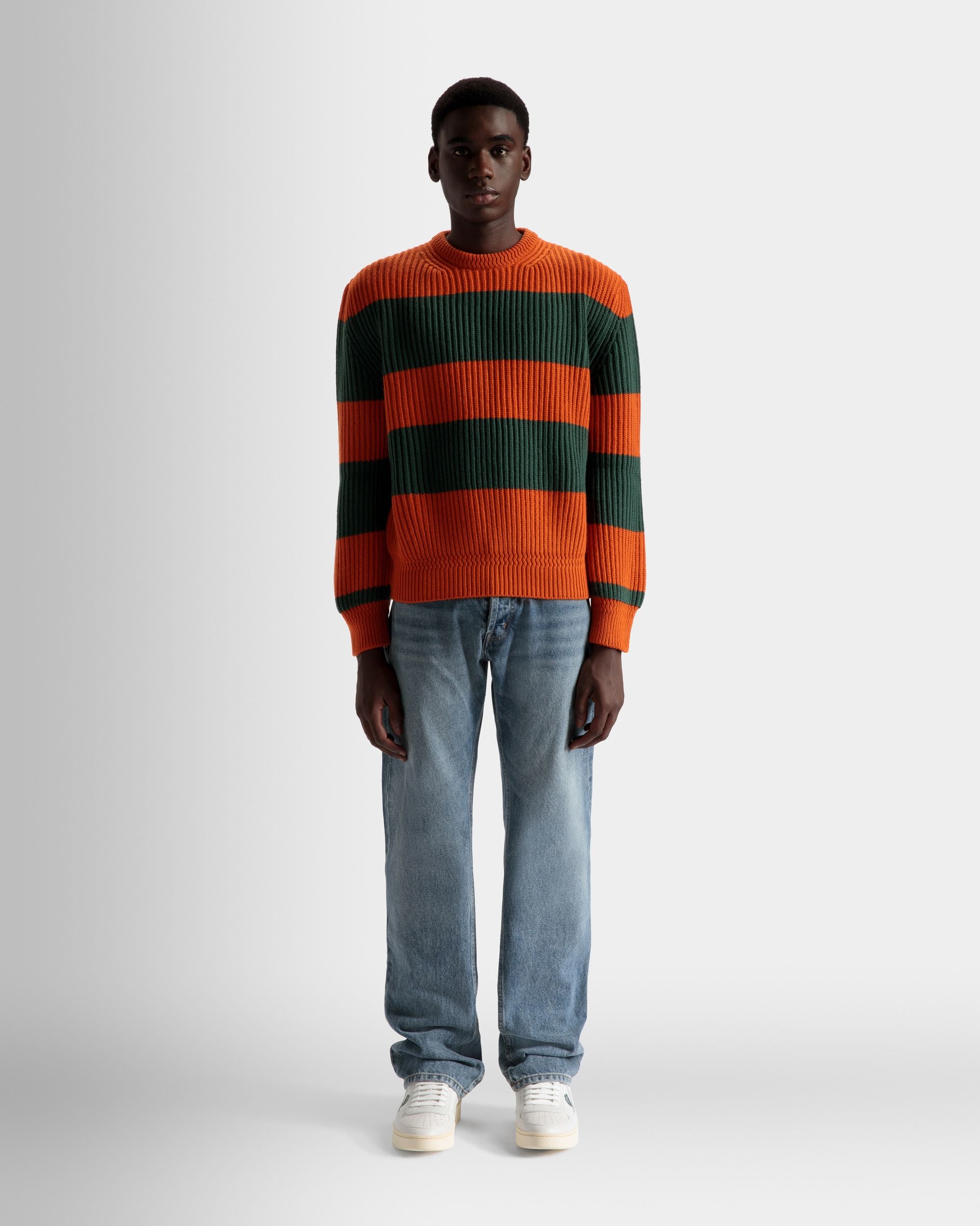 Maglione Girocollo A Righe In Lana Arancione E Kelly Green - Uomo - Bally - 02