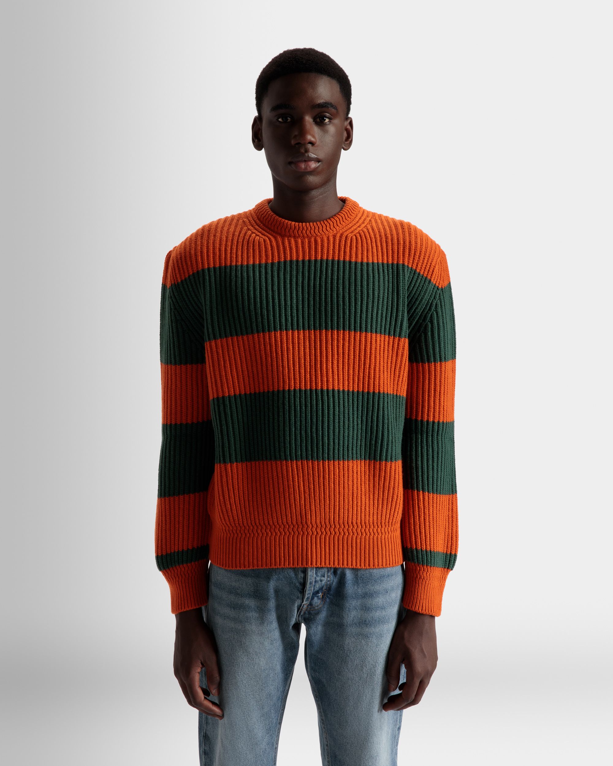 Maglione Girocollo A Righe In Lana Arancione E Kelly Green - Uomo - Bally - 03