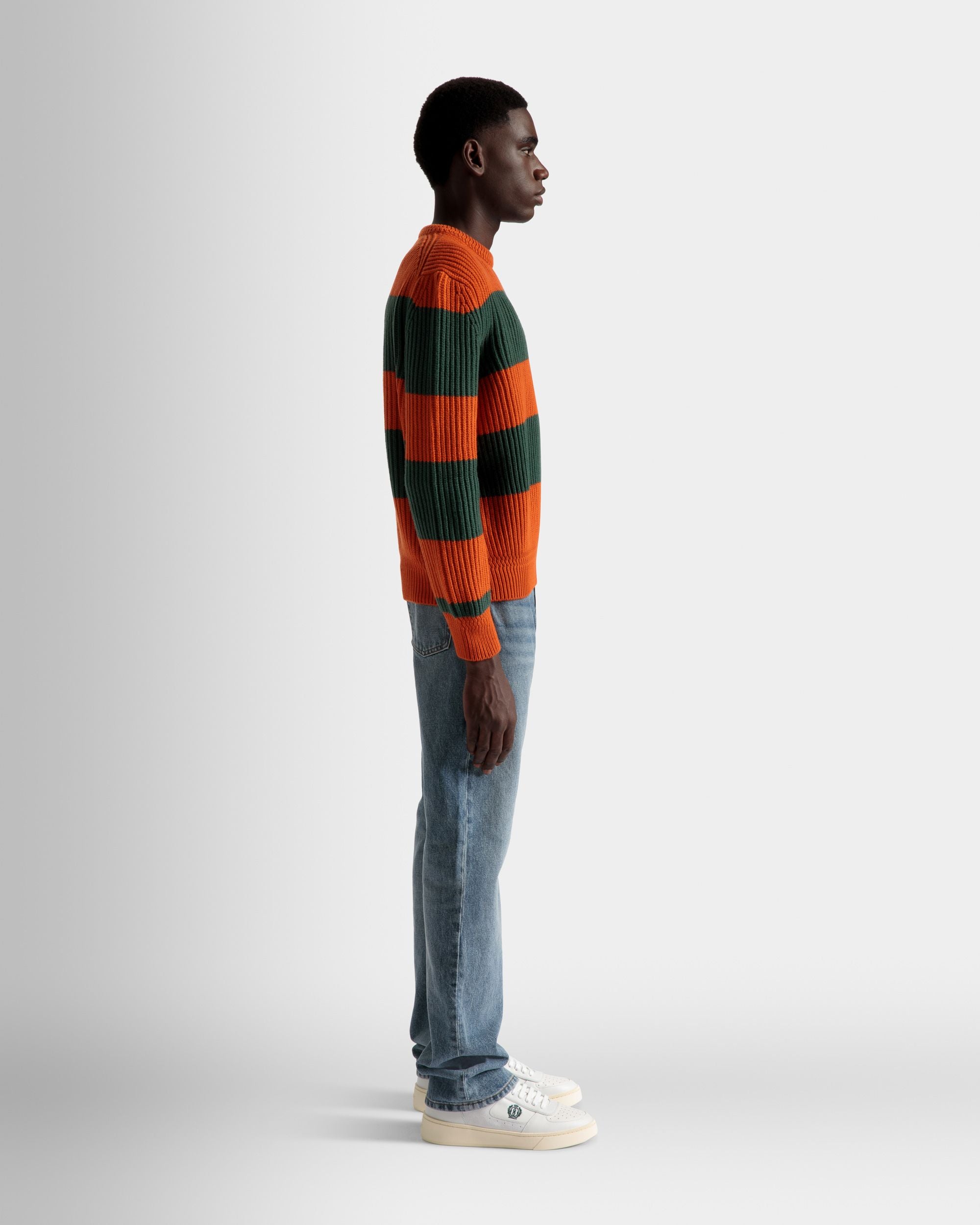 Maglione Girocollo A Righe In Lana Arancione E Kelly Green - Uomo - Bally - 05