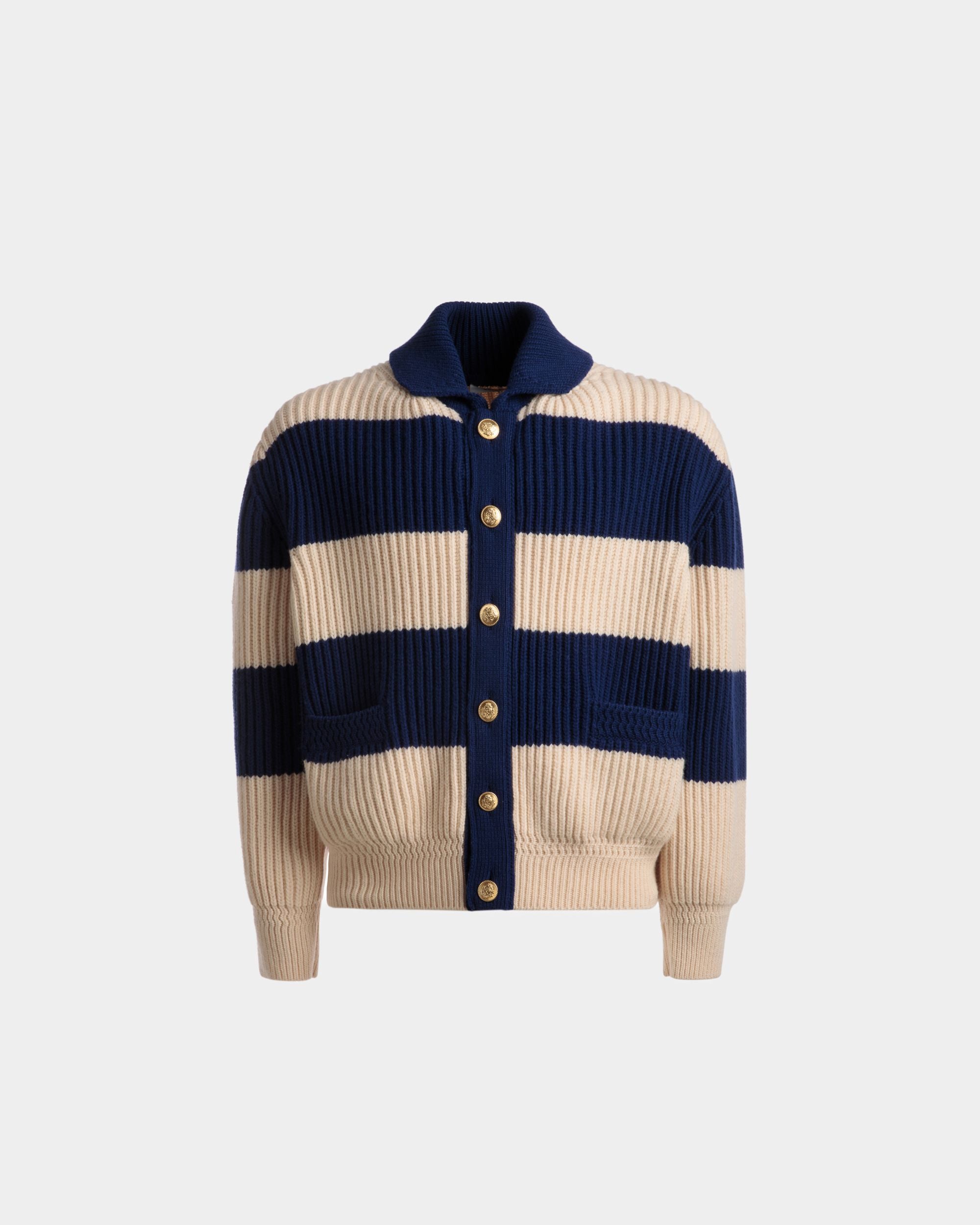 Cardigan A Righe In Lana Avorio E Blu Marino - Uomo - Bally - 01