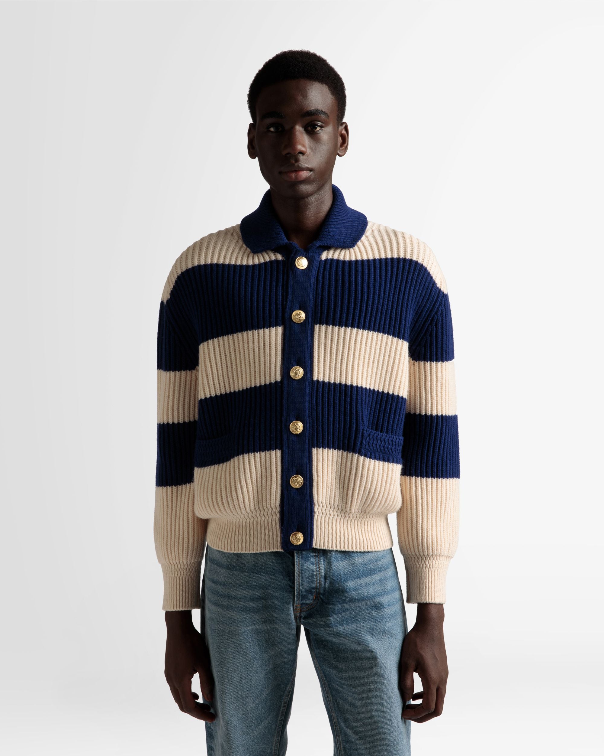 Cardigan A Righe In Lana Avorio E Blu Marino - Uomo - Bally - 03