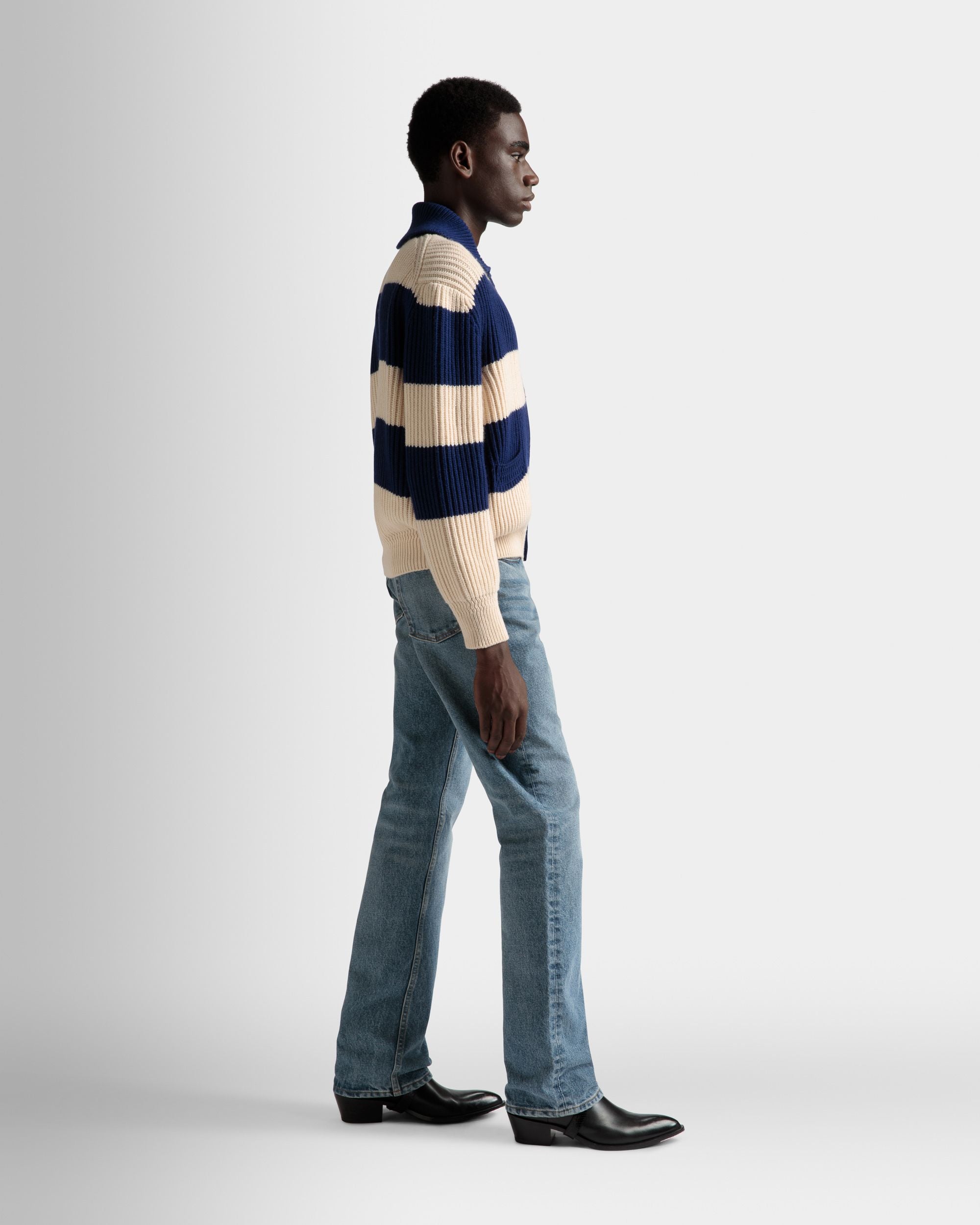 Cardigan A Righe In Lana Avorio E Blu Marino - Uomo - Bally - 05