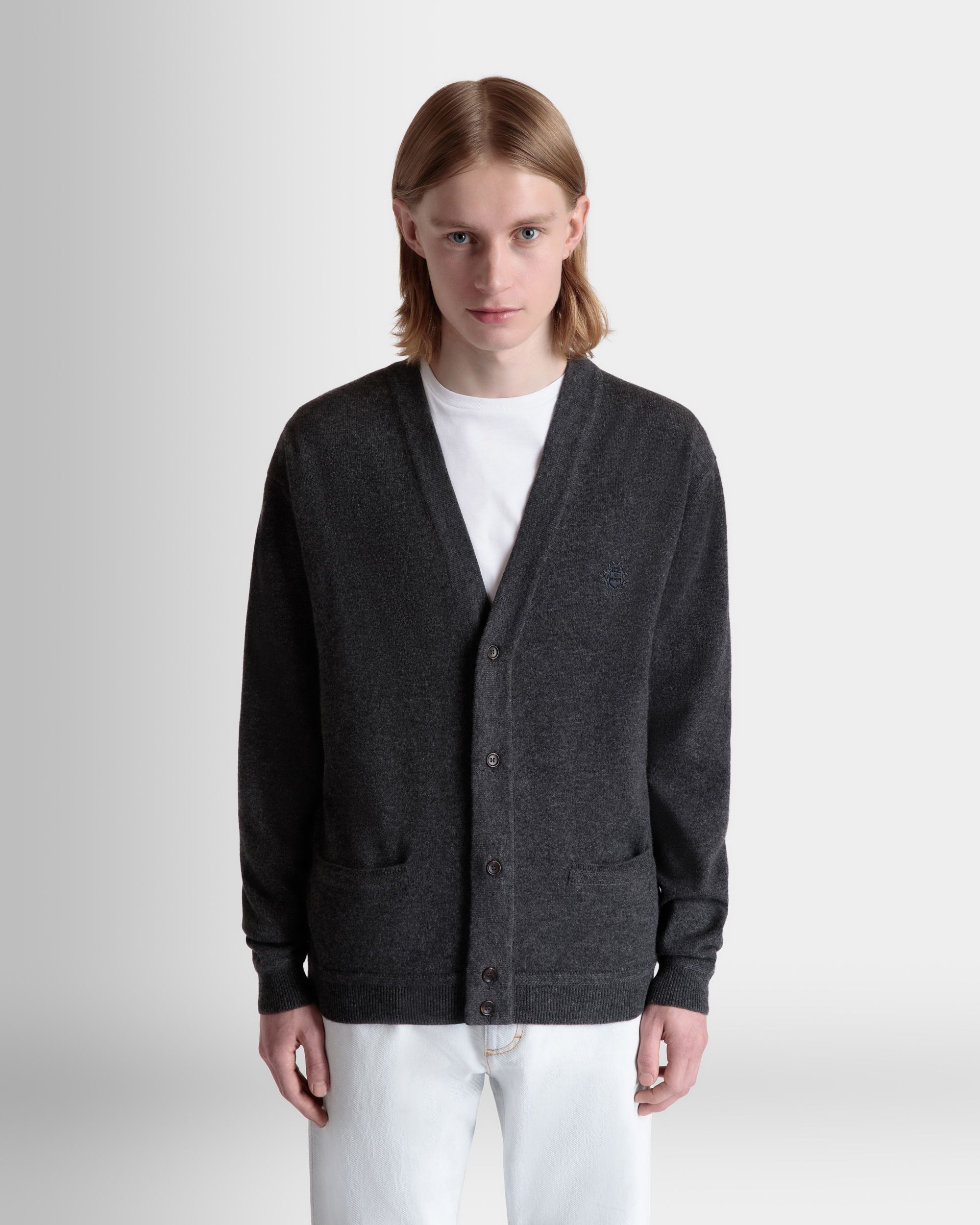 Cardigan In Cashmere Grigio Scuro Con Logo Bally Crest - Uomo - Bally - 08