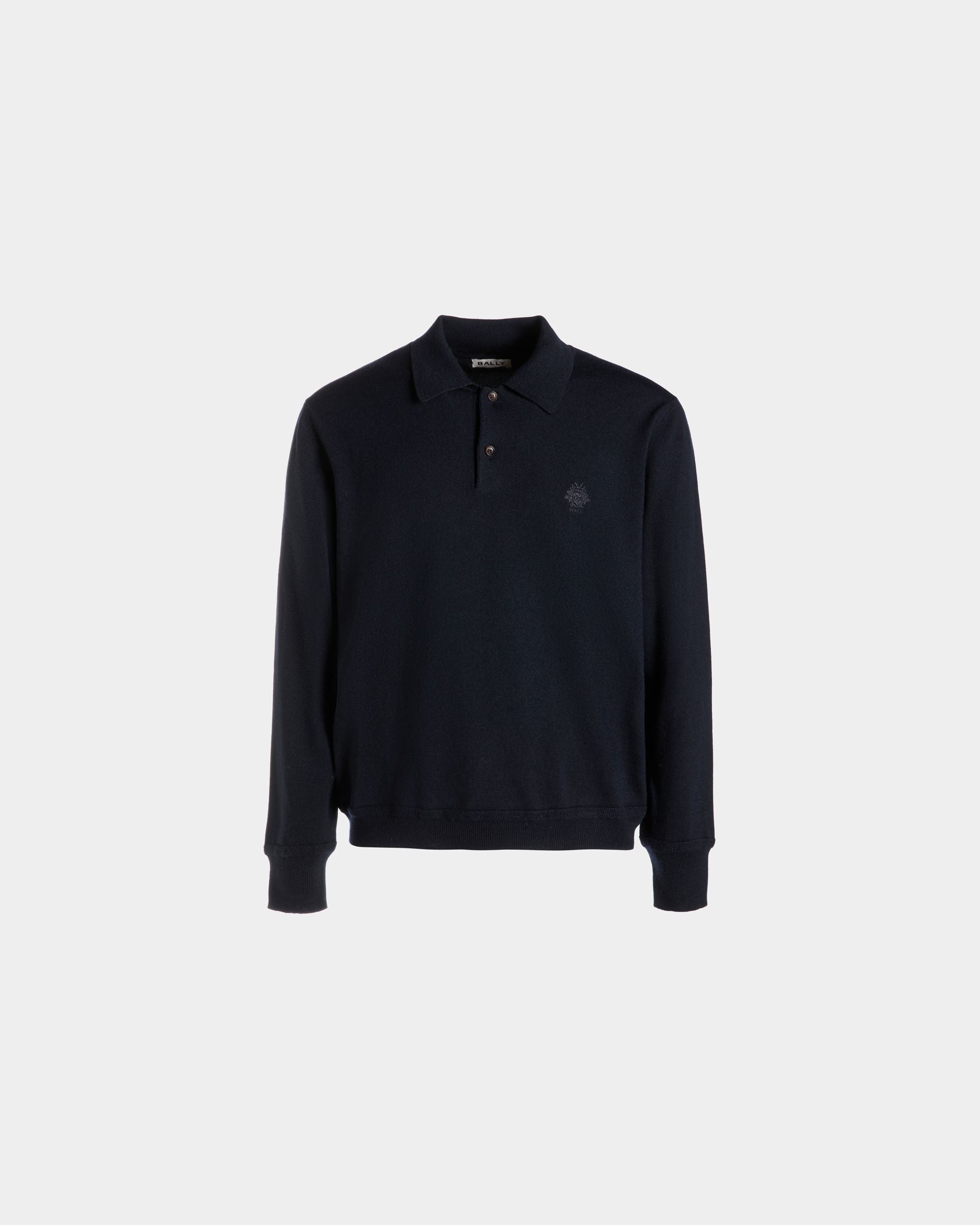 Polo A Maniche Lunghe In Lana Navy Blue Con Logo Bally Crest - Uomo - Bally - 01