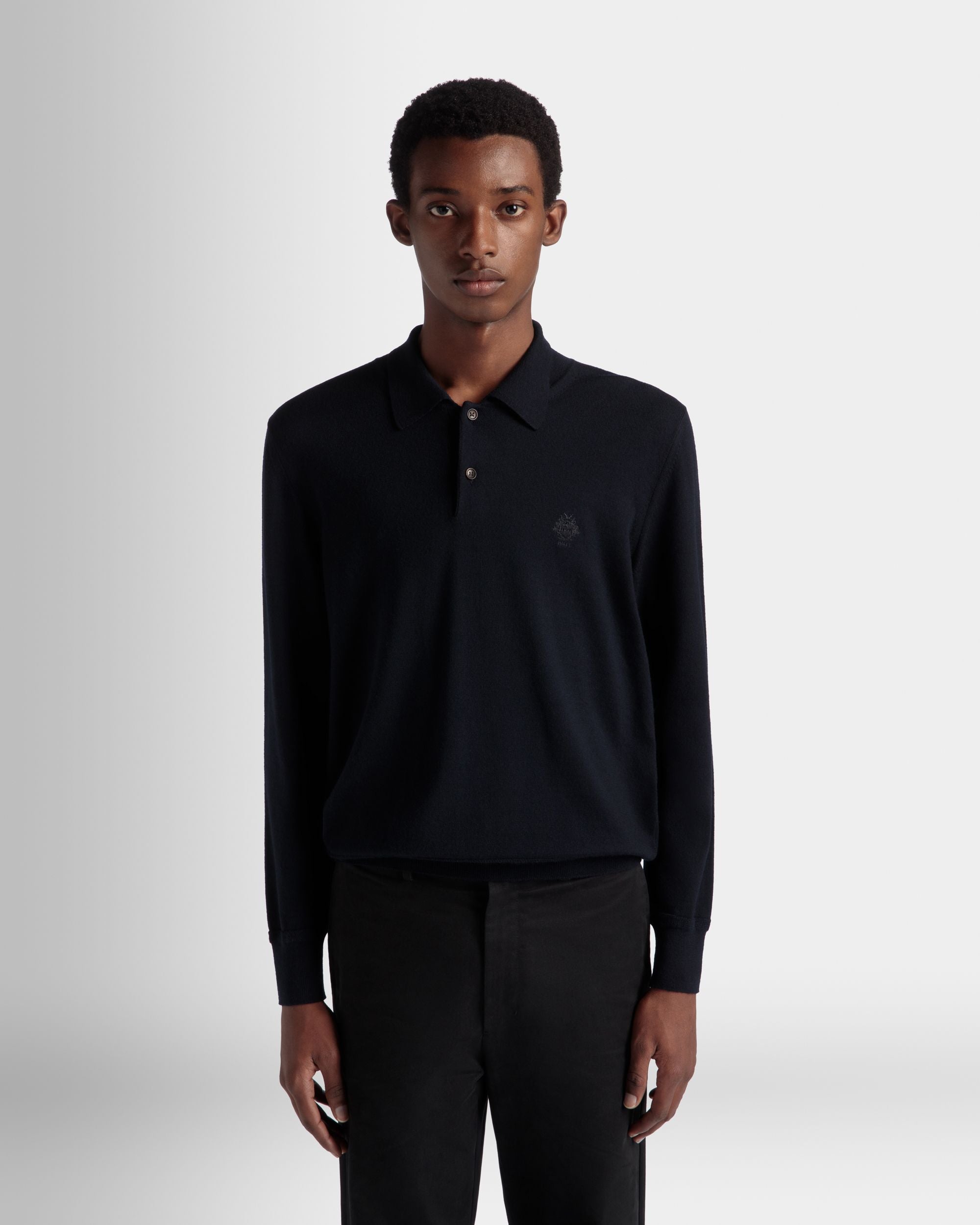 Polo A Maniche Lunghe In Lana Navy Blue Con Logo Bally Crest - Uomo - Bally - 03