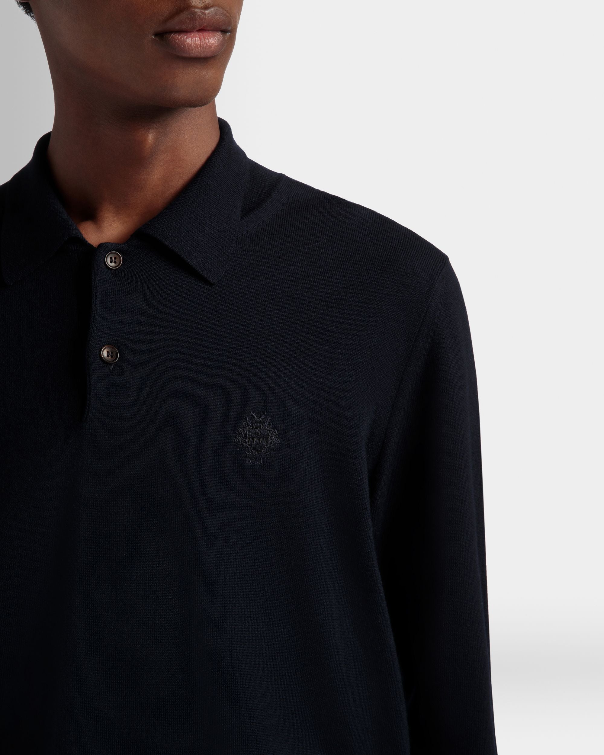 Polo A Maniche Lunghe In Lana Navy Blue Con Logo Bally Crest - Uomo - Bally - 04