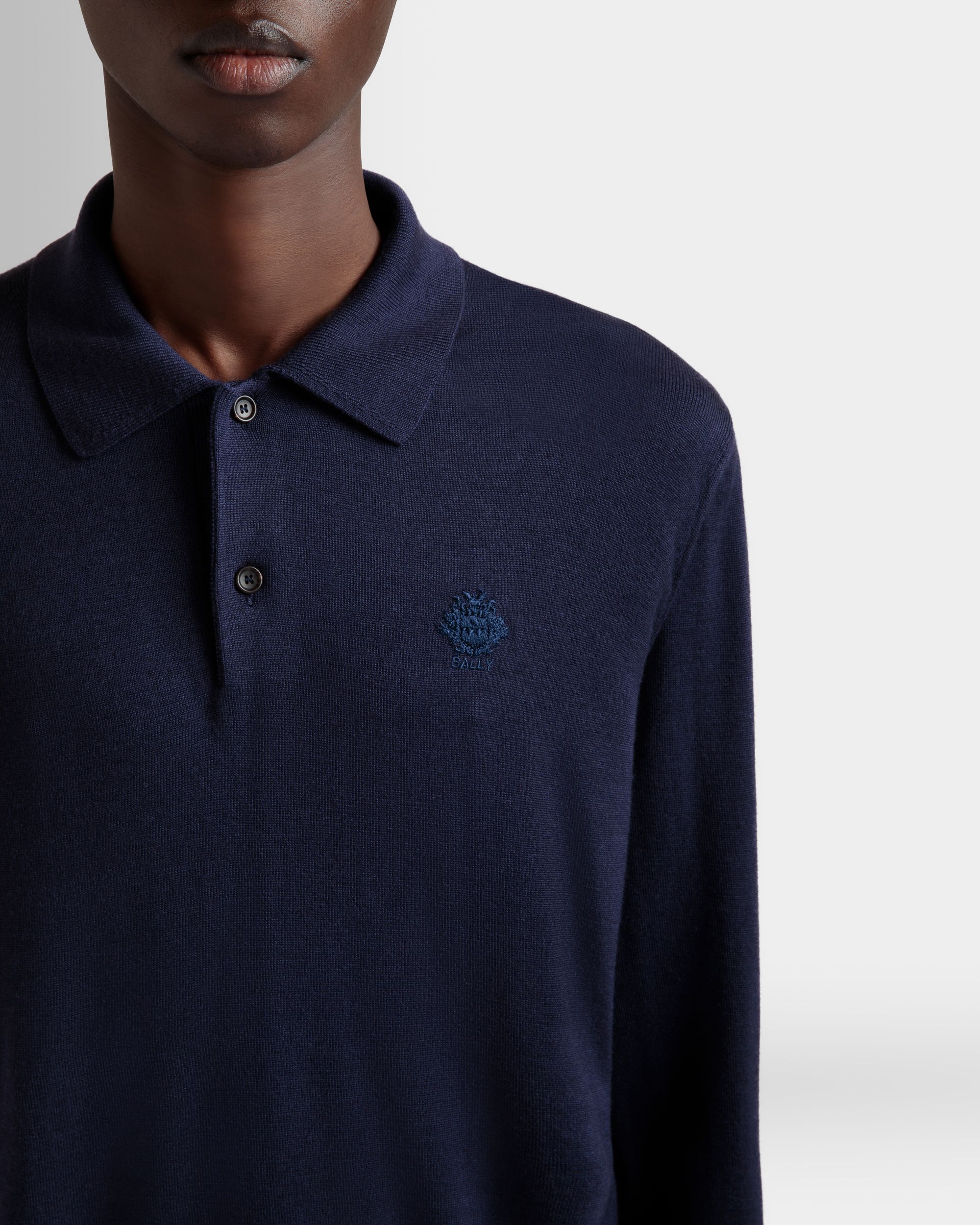 Polo A Maniche Lunghe In Misto Cashmere Navy Blue Con Logo Bally Crest - Uomo - Bally - 03