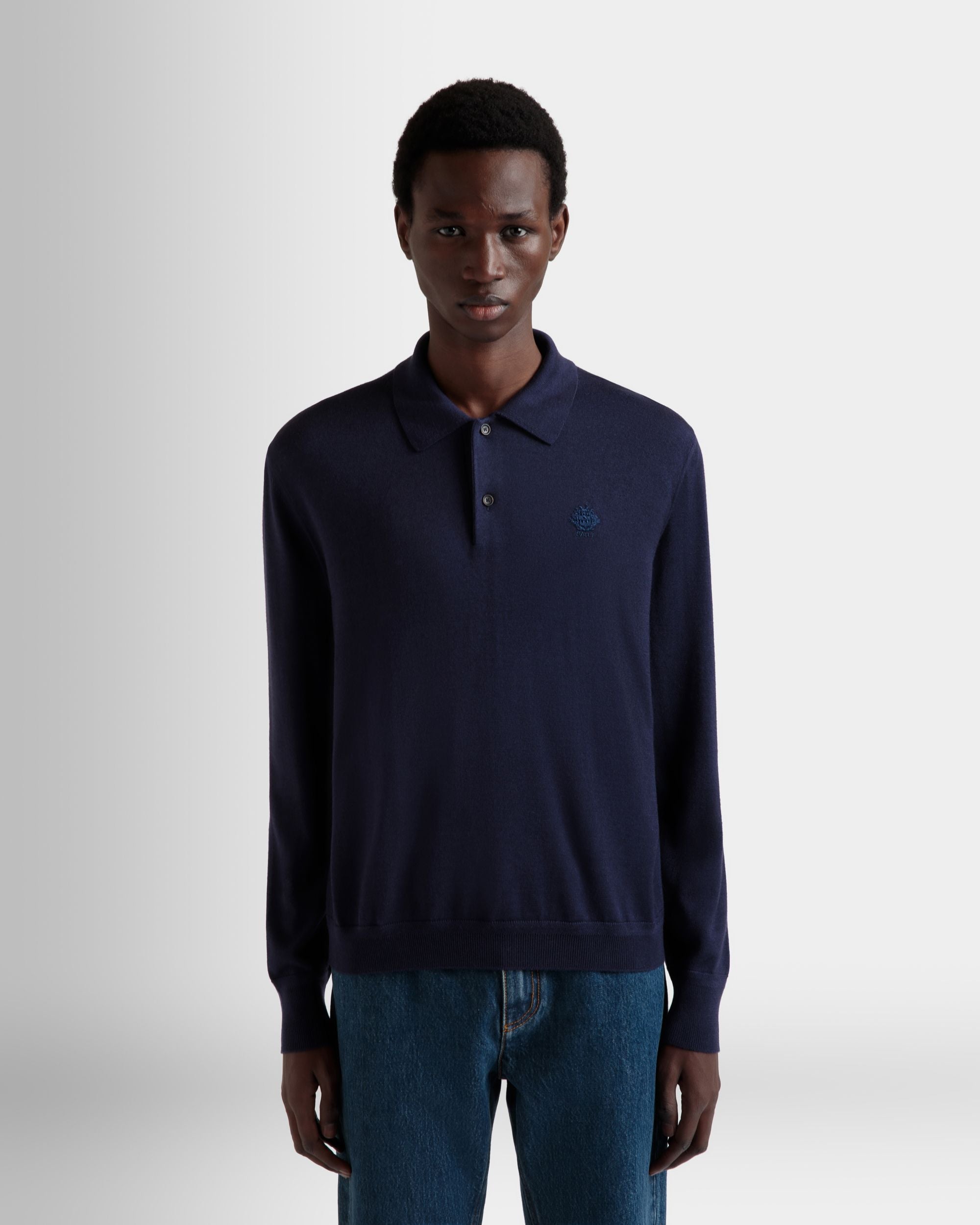 Polo A Maniche Lunghe In Misto Cashmere Navy Blue Con Logo Bally Crest - Uomo - Bally - 08