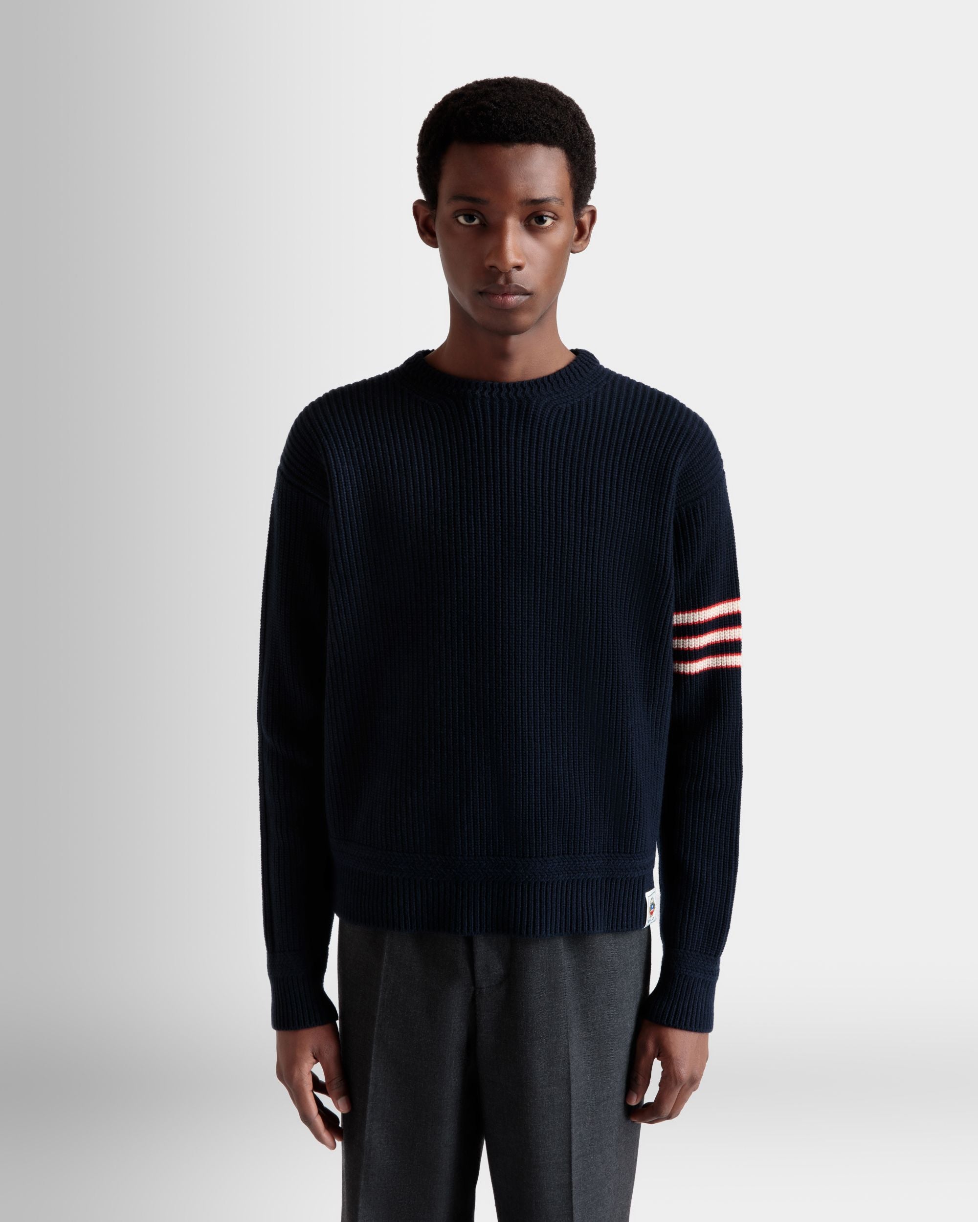 Pullover Girocollo In Lana Navy Blue Con Logo Bally Crest - Uomo - Bally - 03
