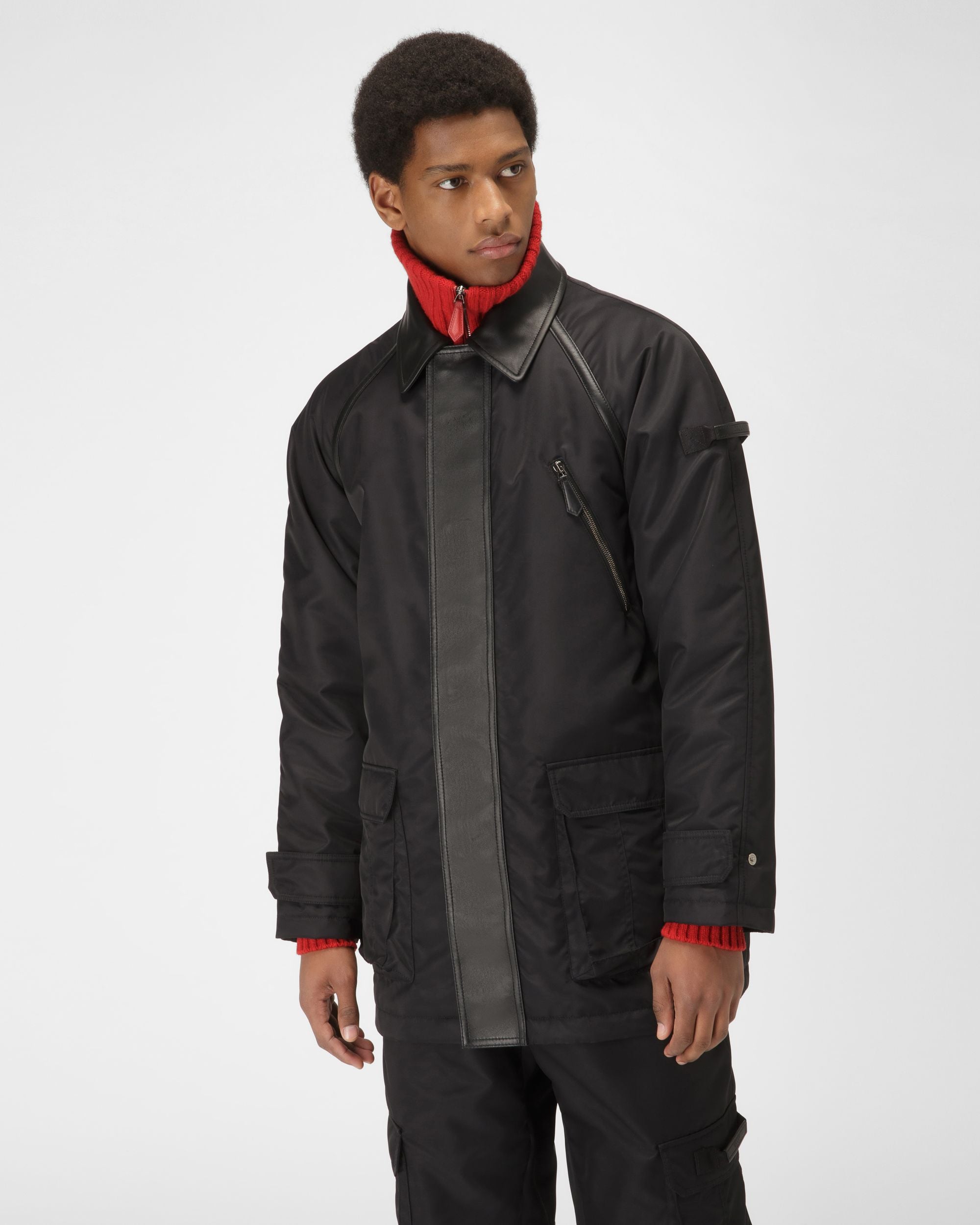 Parka In Nylon Nero Riciclato Con Inserti In Pelle - Uomo - Bally - 01
