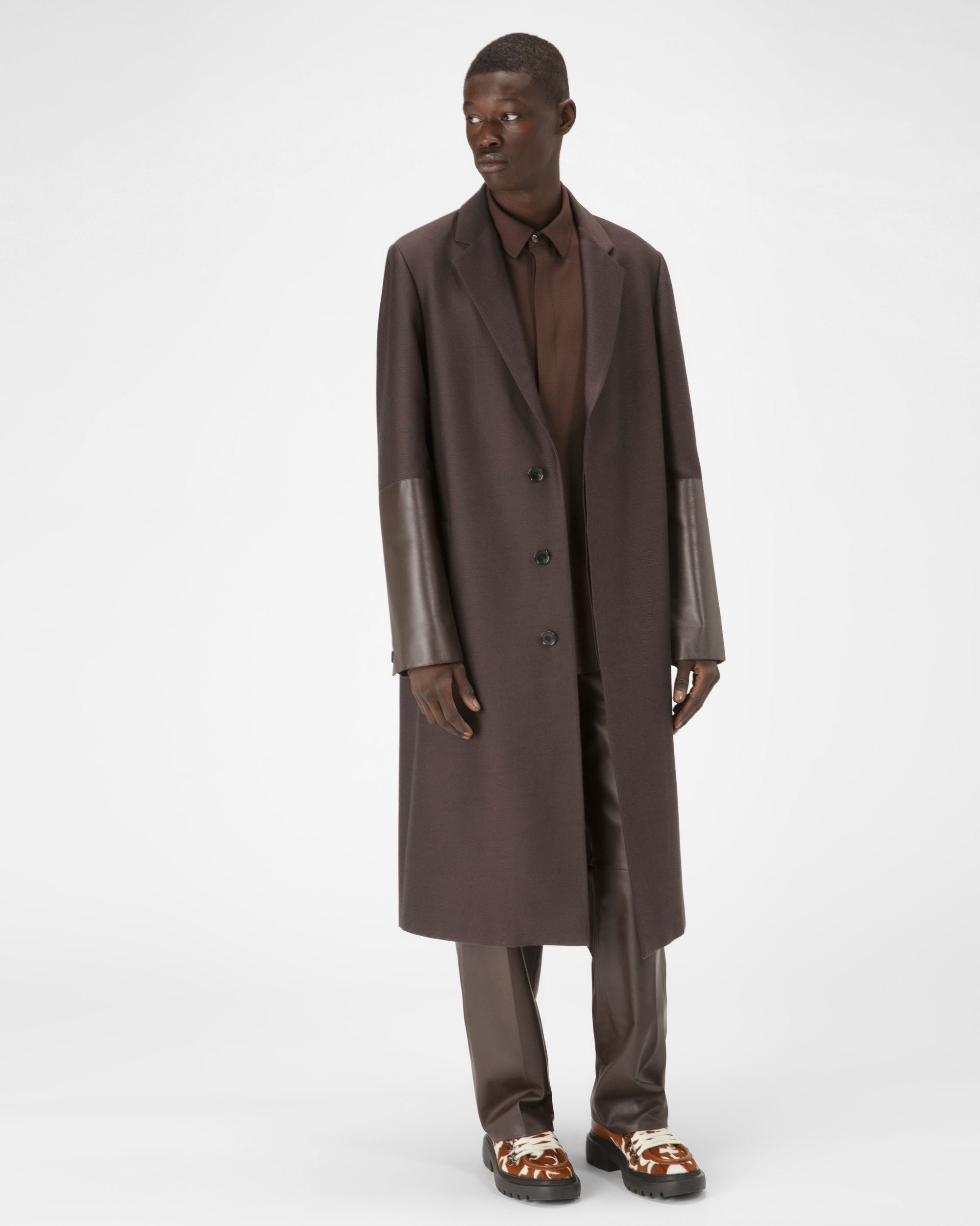 Soprabito Con Polsini Di Pelle In Lana E Cotone Marrone Scuro - Uomo - Bally - 01