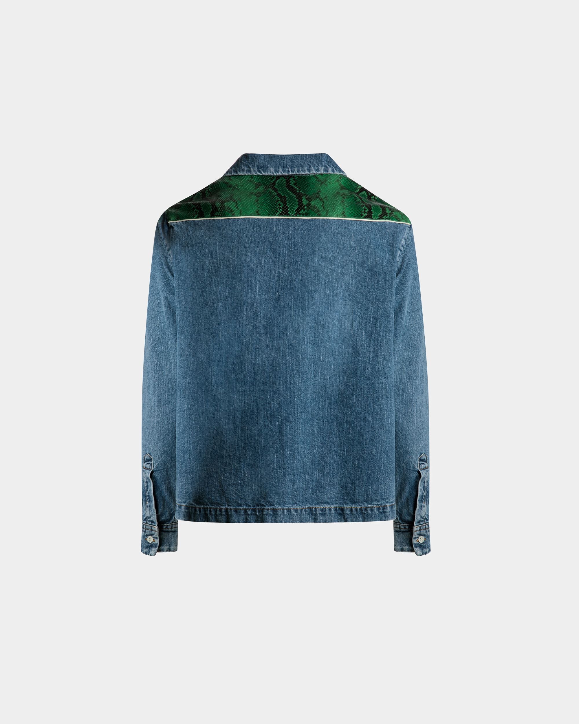 Camicia In Cotone Chambray Azzurro E Pelle Verde A Fantasia Pitonata - Uomo - Bally - 07