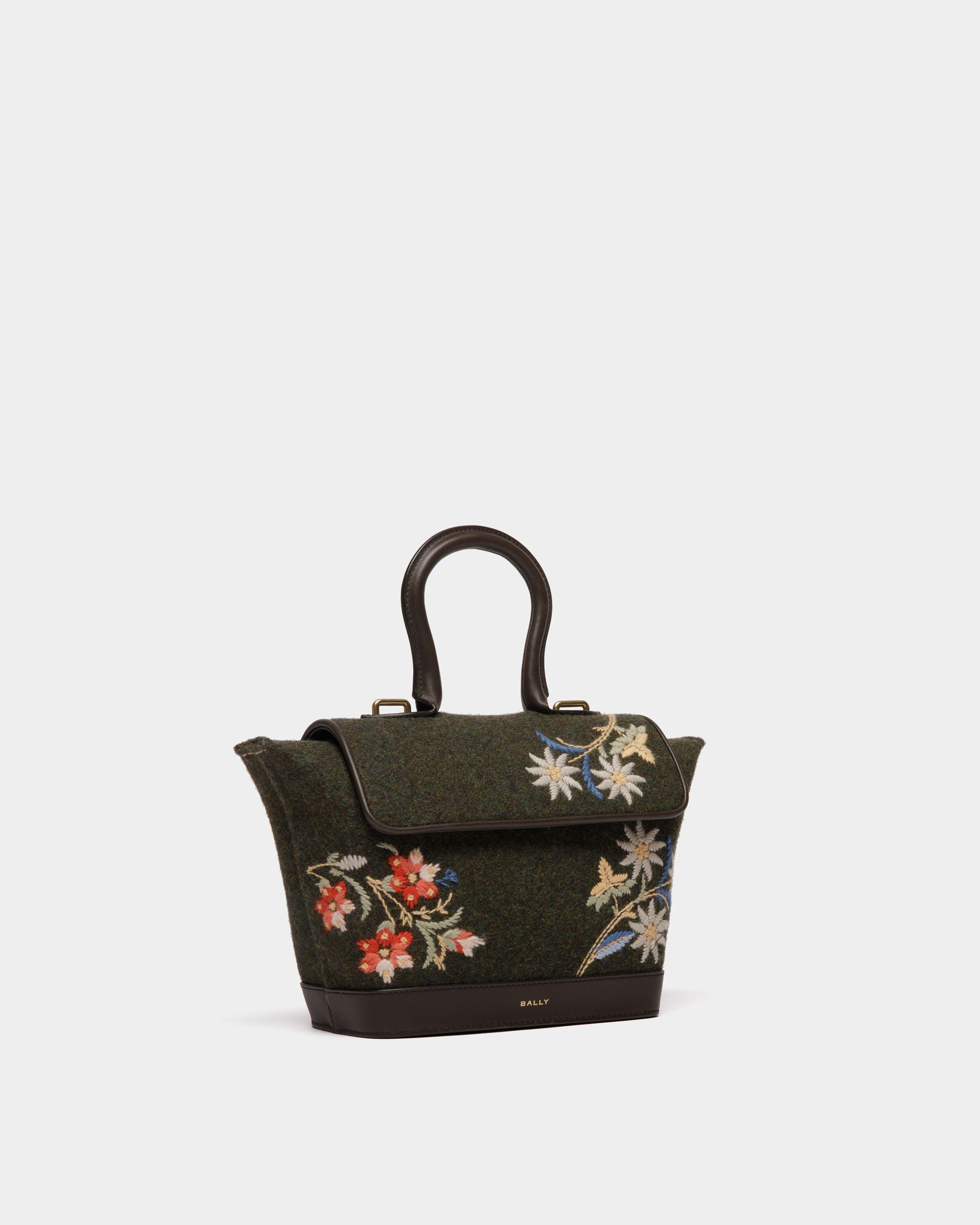 Borsa A Mano Winter Capsule In Lana Verde Scuro E Pelle Color Ebano Con Ricamo Alpine Flowers - Donna - Bally - 02