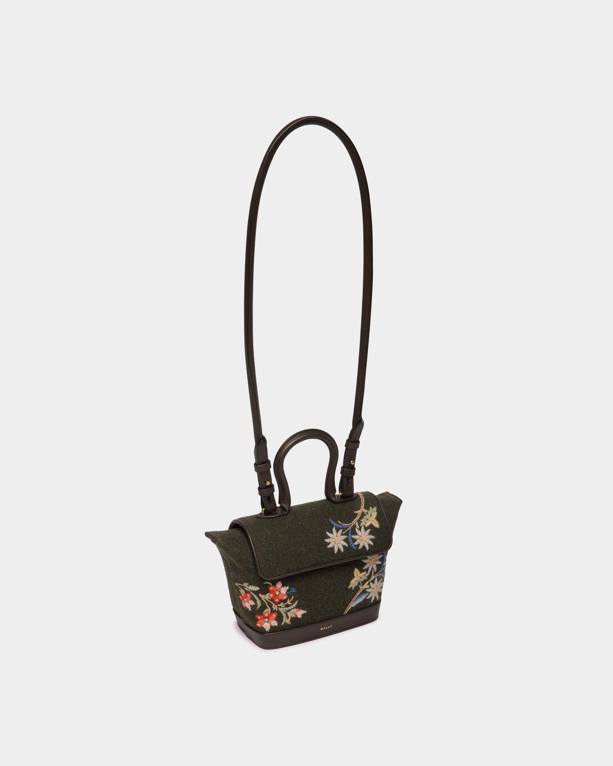 Borsa A Mano Winter Capsule In Lana Verde Scuro E Pelle Color Ebano Con Ricamo Alpine Flowers - Donna - Bally - 03