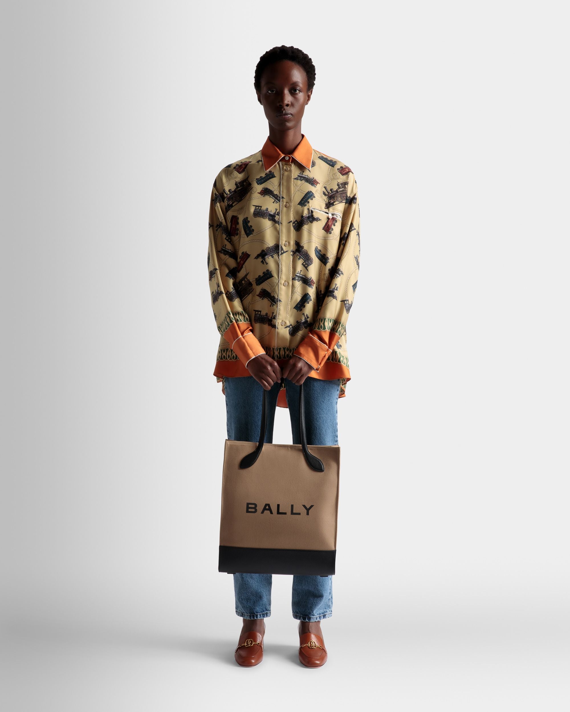 Tote Bag Bar In Tessuto Color Sabbia E Nero - Donna - Bally - 02