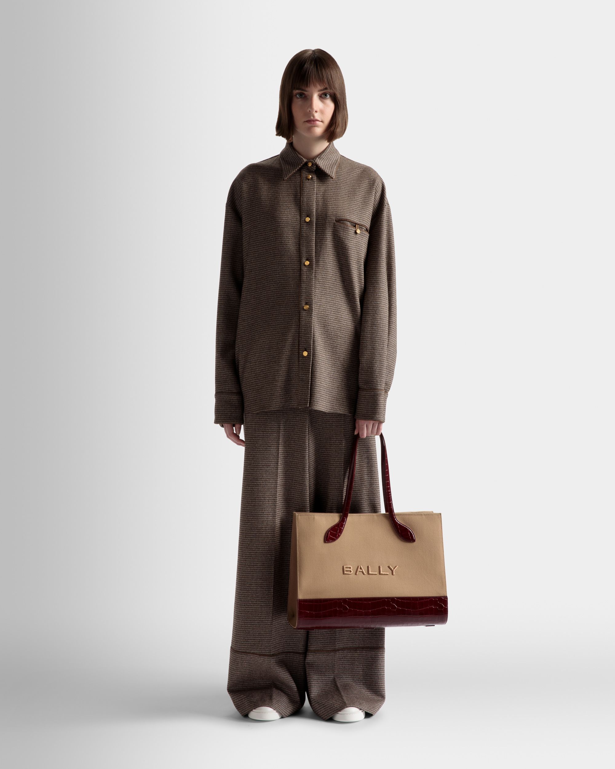 Tote Bag Bar In Tessuto Color Sabbia E Bordeaux - Donna - Bally - 02