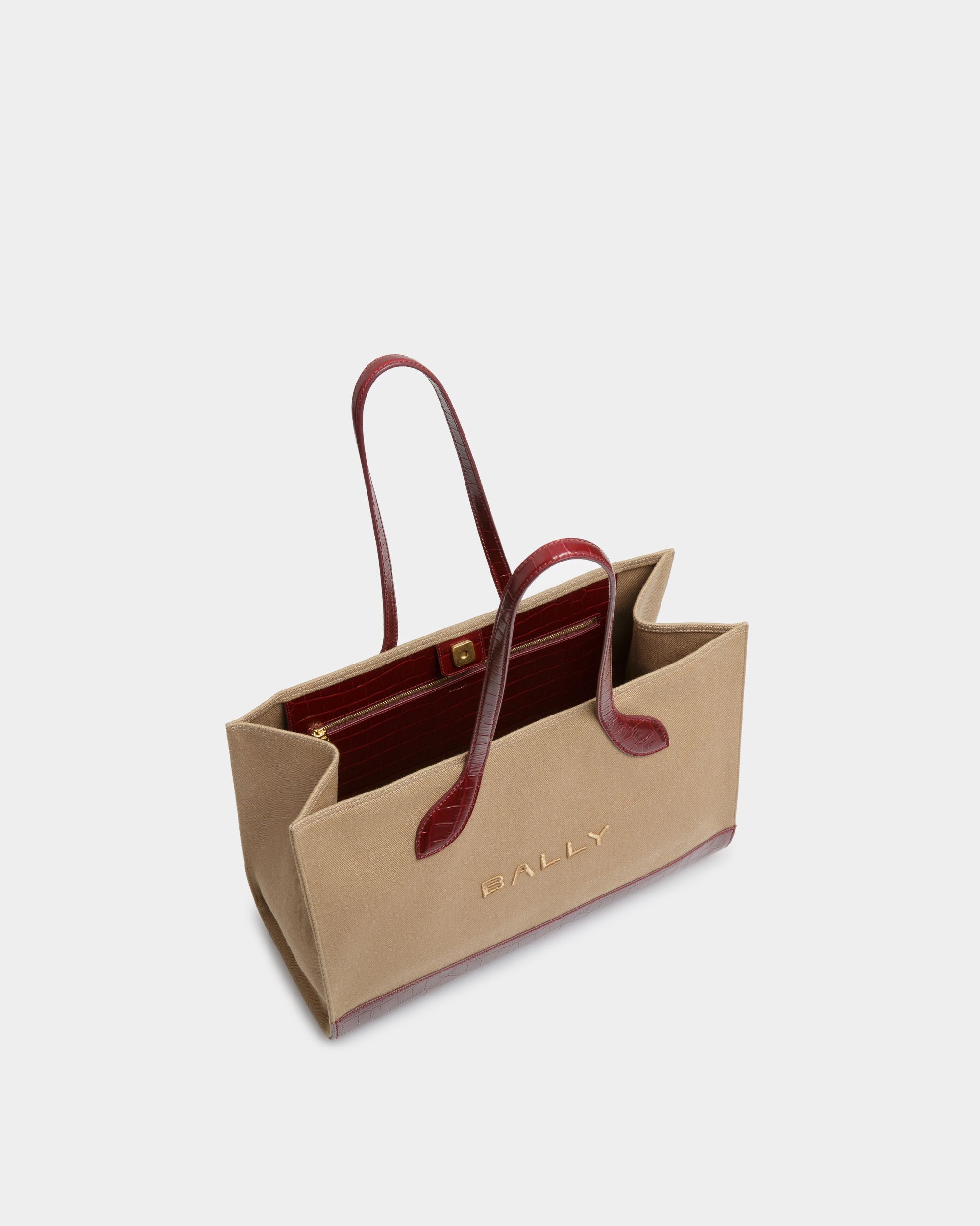 Tote Bag Bar In Tessuto Color Sabbia E Bordeaux - Donna - Bally - 05