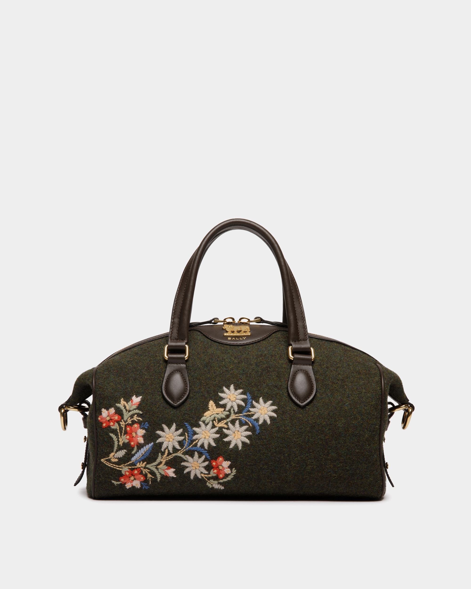 Borsa A Mano Winter Capsule In Lana Verde Scuro E Pelle Color Ebano Con Ricamo Alpine Flowers - Donna - Bally - 01