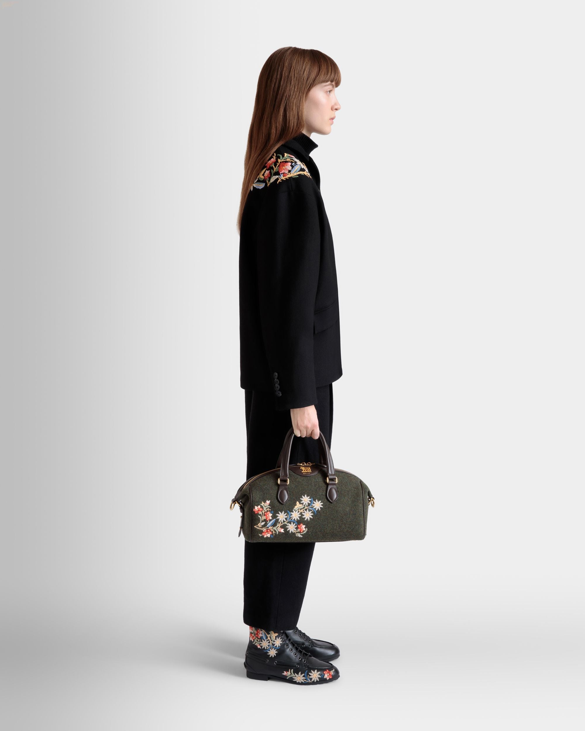 Borsa A Mano Winter Capsule In Lana Verde Scuro E Pelle Color Ebano Con Ricamo Alpine Flowers - Donna - Bally - 02