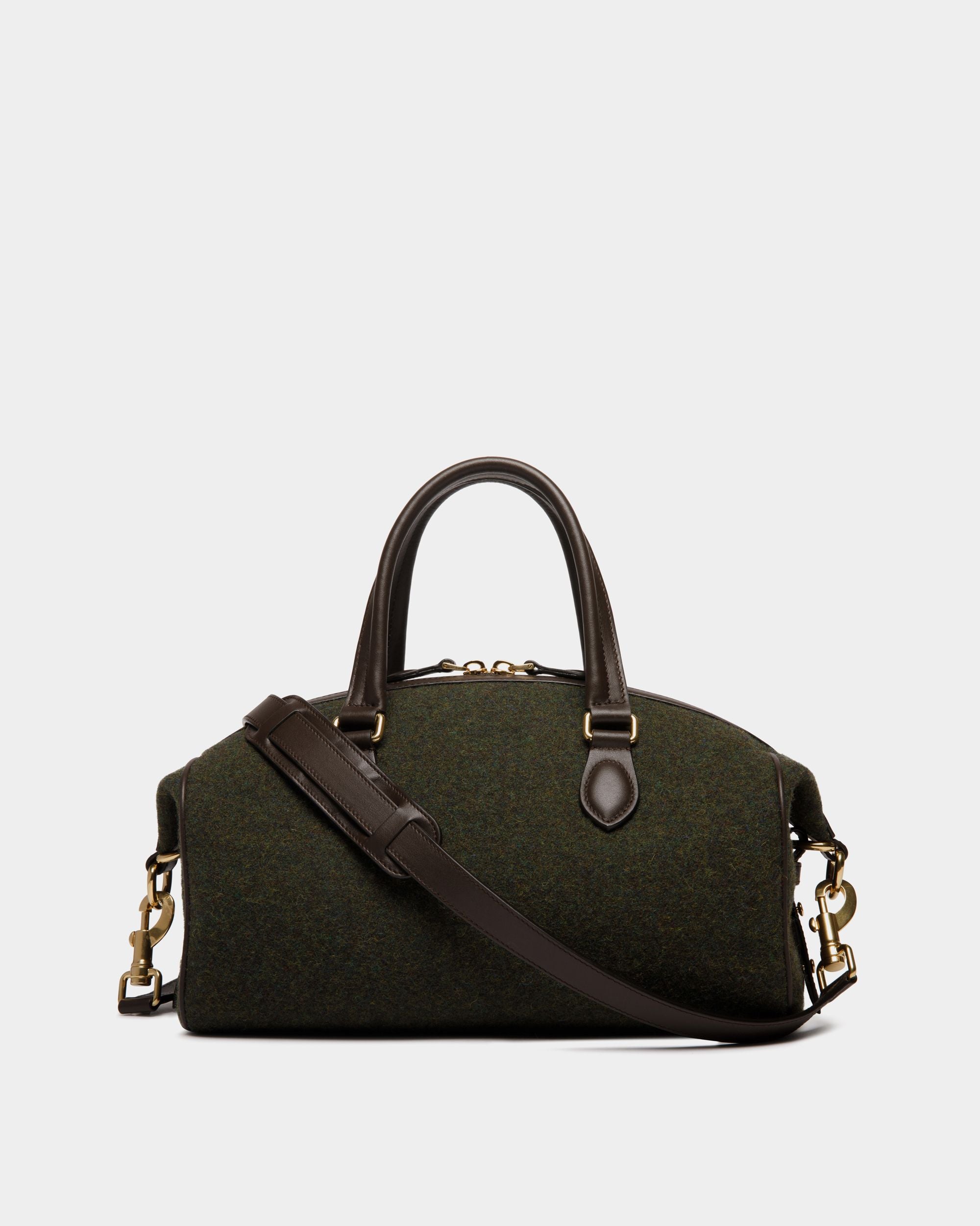 Borsa A Mano Winter Capsule In Lana Verde Scuro E Pelle Color Ebano Con Ricamo Alpine Flowers - Donna - Bally - 03